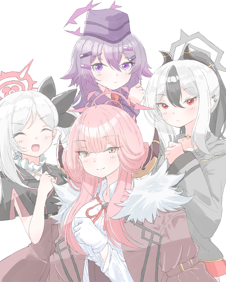 norippe (user zgsf8872), aru (blue archive), haruka (blue archive), kayoko (blue archive), mutsuki (blue archive), blue archive, commentary request, 4girls, :d, ^ ^, black flower, black hair, black jacket, brown eyes, brown jacket, brown skirt, closed eyes, closed mouth, collared shirt, cropped jacket, flower, garrison cap, gloves, grey hair, grey hoodie, hair flower, hair ornament, hairclip, halo, hat, high-waist skirt, hood, hood down, hoodie, horns, jacket, multicolored hair, multiple girls, neck ribbon, open mouth, pink hair, ponytail, problem solver 68 (blue archive), purple eyes, purple hair, purple hat, purple jacket, red eyes, red ribbon, ribbon, shirt, side ponytail, simple background, skirt, smile, two-tone hair, white background, white gloves, white shirt