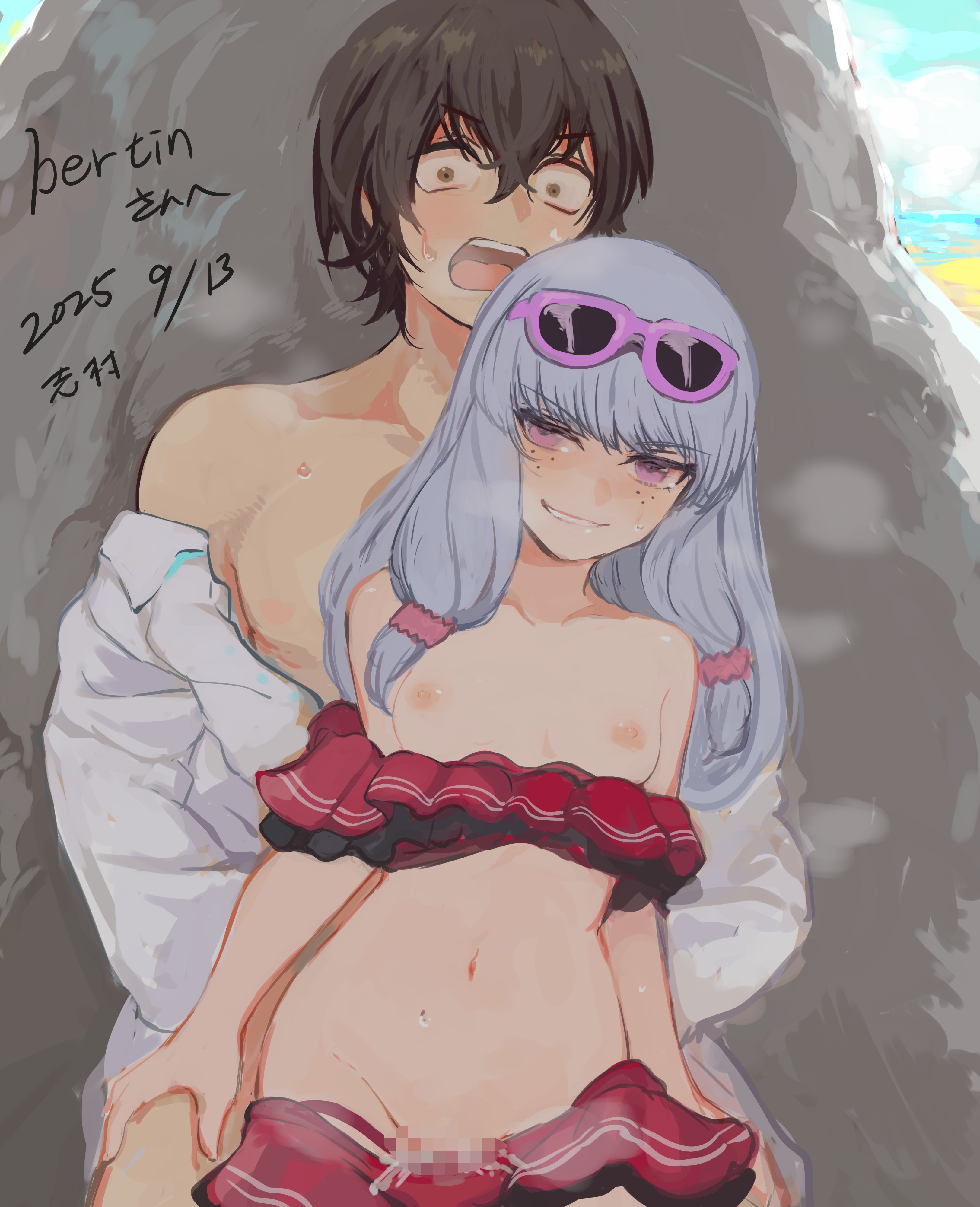 shimura (hosshi), agria (midsummer girl) (tales), agria (tales), jude mathis, tales of (series), tales of asteria, tales of the rays, tales of xillia, absurdres, commission, highres, 1boy, 1girl, artist name, beach, bikini, bikini bottom pull, bikini top pull, blunt bangs, blush, breasts, brown eyes, brown hair, censored, freckles, frilled bikini, frills, hair rings, hetero, jude mathis (swimsuit), long hair, looking at viewer, mosaic censoring, navel, nipples, official alternate costume, outdoors, public indecency, purple-framed eyewear, purple eyes, red bikini, sex, sex from behind, shade, short hair, signature, sky, small breasts, smile, smug, standing, standing sex, stealth sex, steam, sunglasses, sweat, swimsuit, teasing, vaginal, water, white hair, wide-eyed