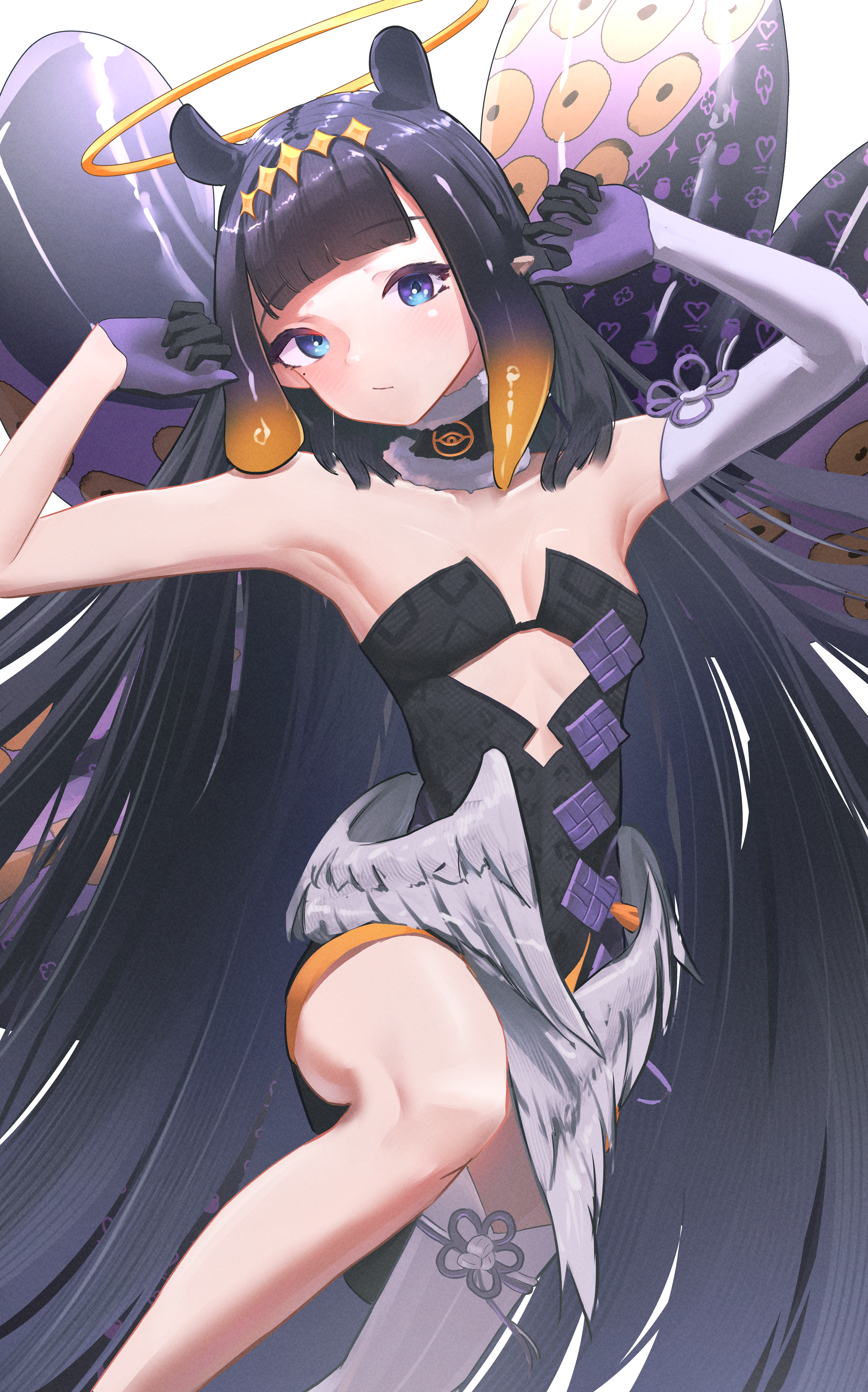 floomf, ninomae ina'nis, ninomae ina'nis (1st costume), hololive, hololive english, absurdres, highres, 1girl, armpits, arms up, black dress, black hair, blue eyes, breasts, detached sleeves, diamond hairband, dress, fur-trimmed collar, fur trim, gloves, gradient hair, grey wings, hairband, halo, long hair, looking at viewer, low wings, multicolored hair, orange hair, orange halo, pointy ears, purple gloves, single detached sleeve, single thighhigh, small breasts, solo, strapless, strapless dress, tentacle hair, tentacles, thighhighs, tube dress, very long hair, virtual youtuber, white thighhighs, wings, yellow hairband
