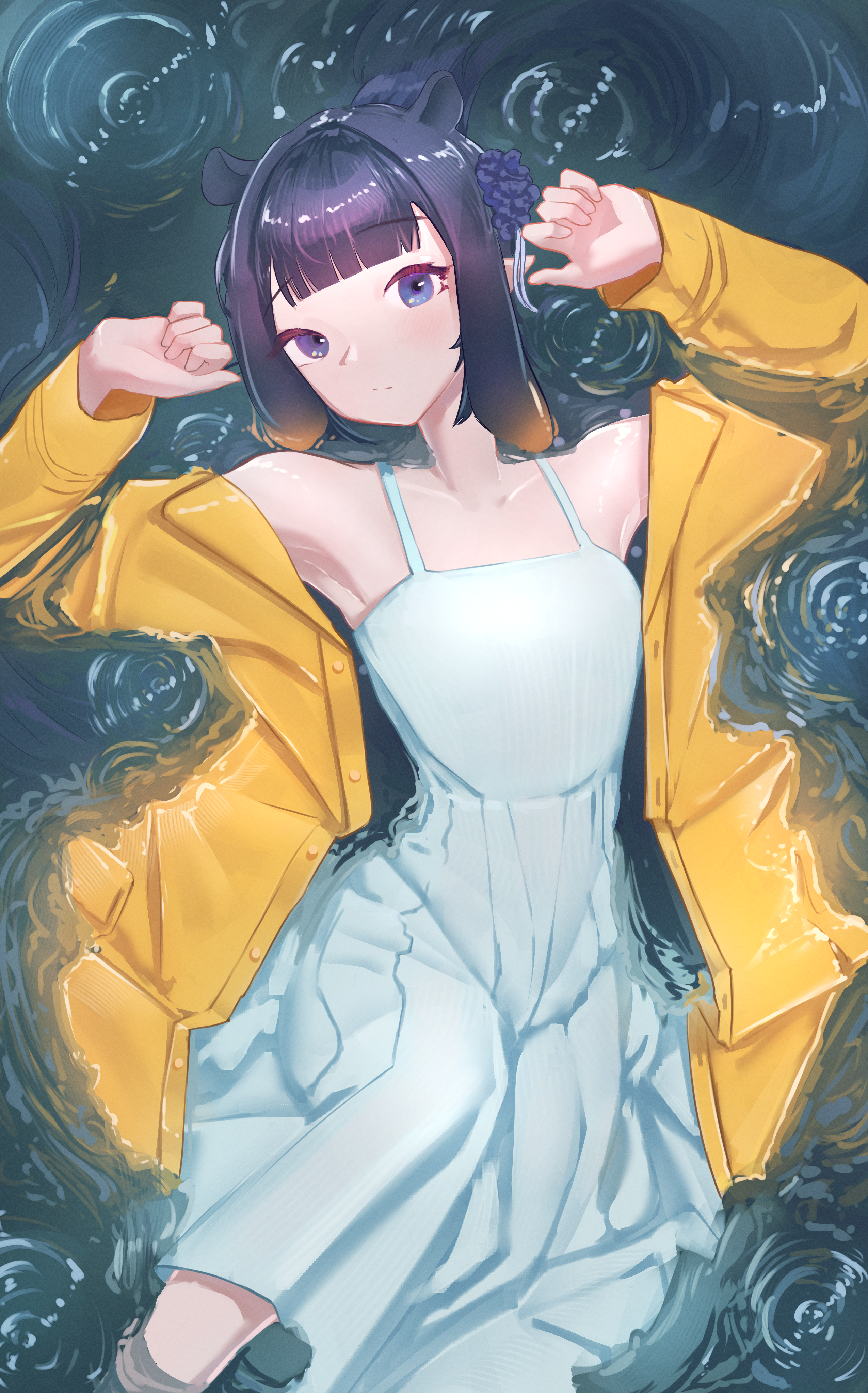 floomf, ninomae ina'nis, hololive, hololive english, violet (ninomae ina'nis), absurdres, highres, 1girl, armpits, arms up, black hair, blue eyes, blunt bangs, dress, knee up, looking at viewer, lying, official alternate costume, on back, pointy ears, raincoat, ripples, solo, tentacle hair, virtual youtuber, water, white dress, yellow raincoat