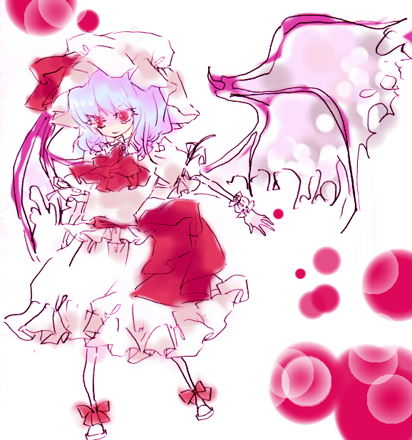 miri, miri (tobira no mukou), remilia scarlet, touhou, 1girl, ascot, blue hair, dress, female focus, hat, red eyes, sketch, slit pupils, solo, wings