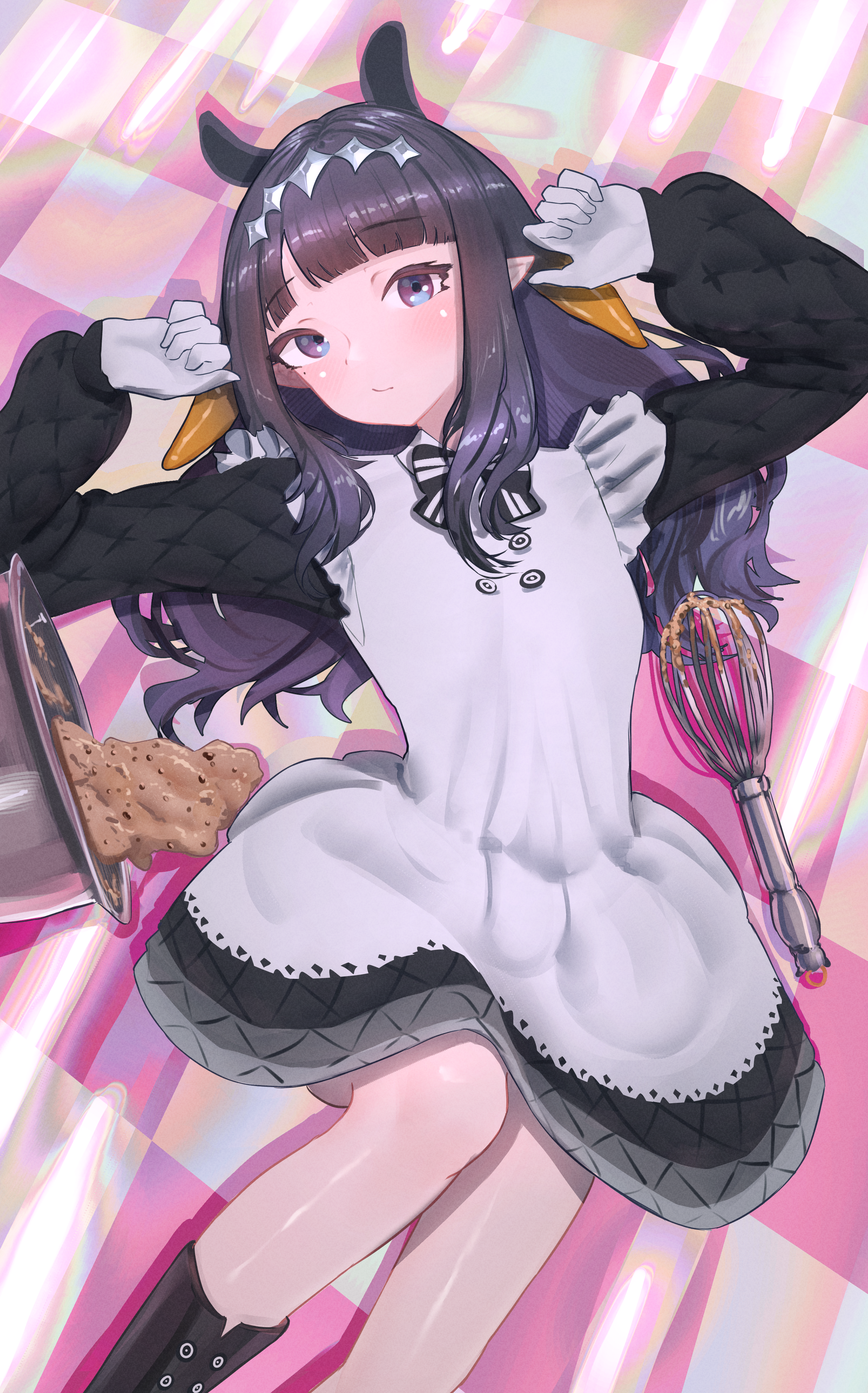 floomf, ninomae ina'nis, ninomae ina'nis (pastry chef), hololive, hololive english, absurdres, highres, 1girl, apron, arms up, batter, black boots, black dress, black hair, blue eyes, blunt bangs, boots, diamond hairband, dress, grey hairband, hairband, knee up, long hair, looking at viewer, lying, mixing bowl, official alternate costume, official alternate hairstyle, on back, pointy ears, solo, tentacle hair, virtual youtuber, whisk, white apron