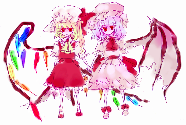 miri, miri (tobira no mukou), flandre scarlet, remilia scarlet, touhou, 2girls, colored eyelashes, female focus, holding hands, multiple girls, siblings, sisters, sketch, wings