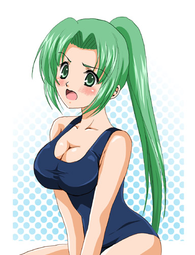 sinko (sinsin), sonozaki mion, higurashi no naku koro ni, lowres, 00s, blush, breasts, cleavage, green eyes, green hair, large breasts, long hair, one-piece swimsuit, open mouth, ponytail, school swimsuit, solo, swimsuit