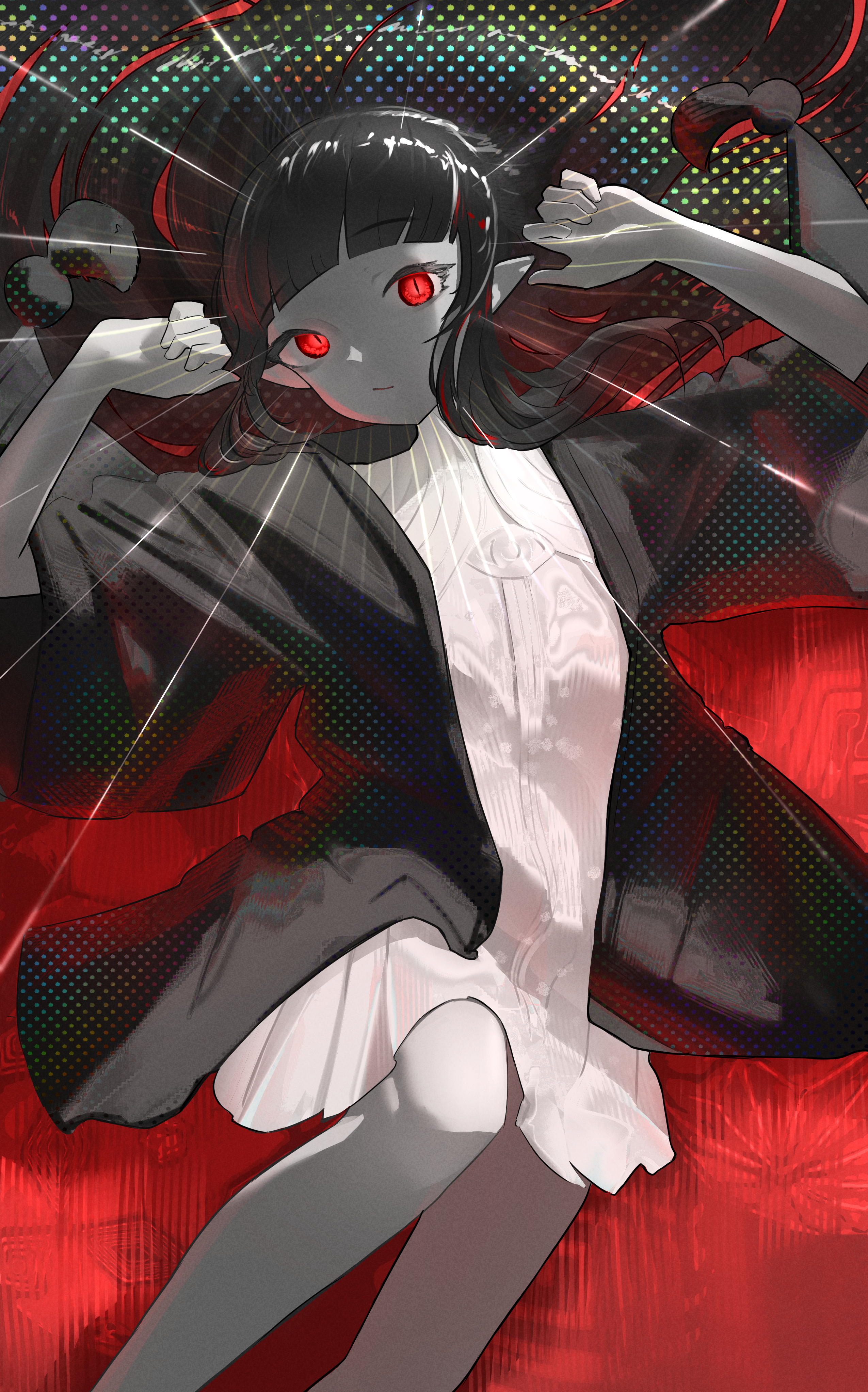 floomf, ninomae ina'nis, hololive, hololive english, temari (ninomae ina'nis), absurdres, highres, 1girl, arms up, dress, knee up, long hair, looking at viewer, lying, official alternate costume, official alternate hairstyle, on back, partially colored, pointy ears, red eyes, robe, slit pupils, solo, virtual youtuber