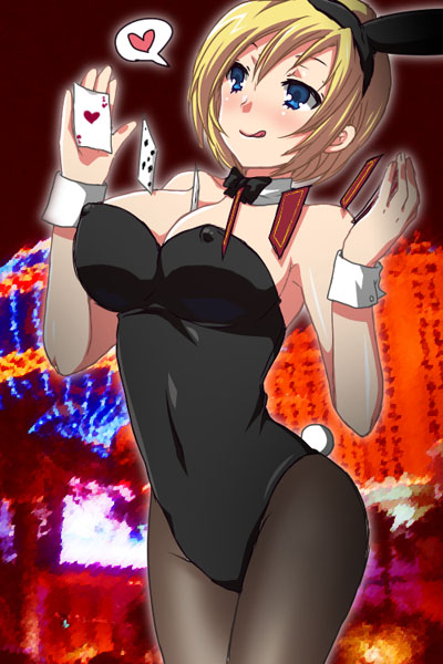 futaba 841, bemani, pop'n music, bad id, bad pixiv id, 1girl, :p, animal ears, blonde hair, blue eyes, breasts, card, choker, cleavage, covered erect nipples, fake animal ears, female focus, floating card, holding, holding card, large breasts, leotard, pantyhose, playboy bunny, rabbit ears, short hair, solo, tail, tongue, tongue out