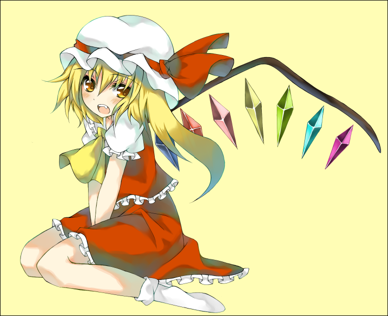 shingetsu takehito, flandre scarlet, touhou, 1girl, blonde hair, female focus, full body, hat, mob cap, ponytail, ribbon, short hair, simple background, sitting, solo, wings, yellow background
