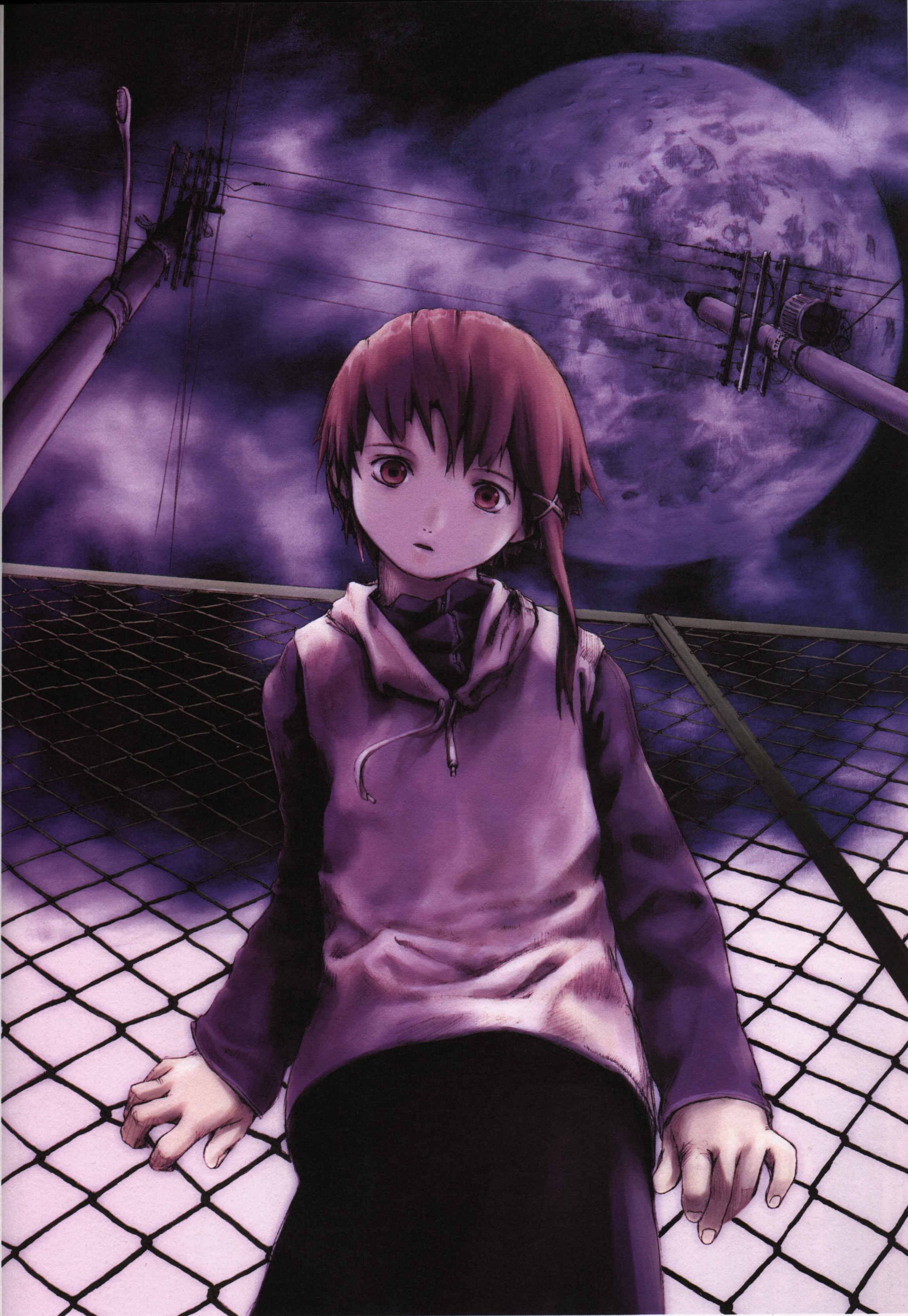 abe yoshitoshi, iwakura lain, serial experiments lain, absurdres, highres, official art, scan, 1990s (style), 1girl, brown eyes, brown hair, chain-link fence, female focus, fence, from below, full moon, gate, hair ornament, hairclip, moon, night, purple theme, retro artstyle, solo