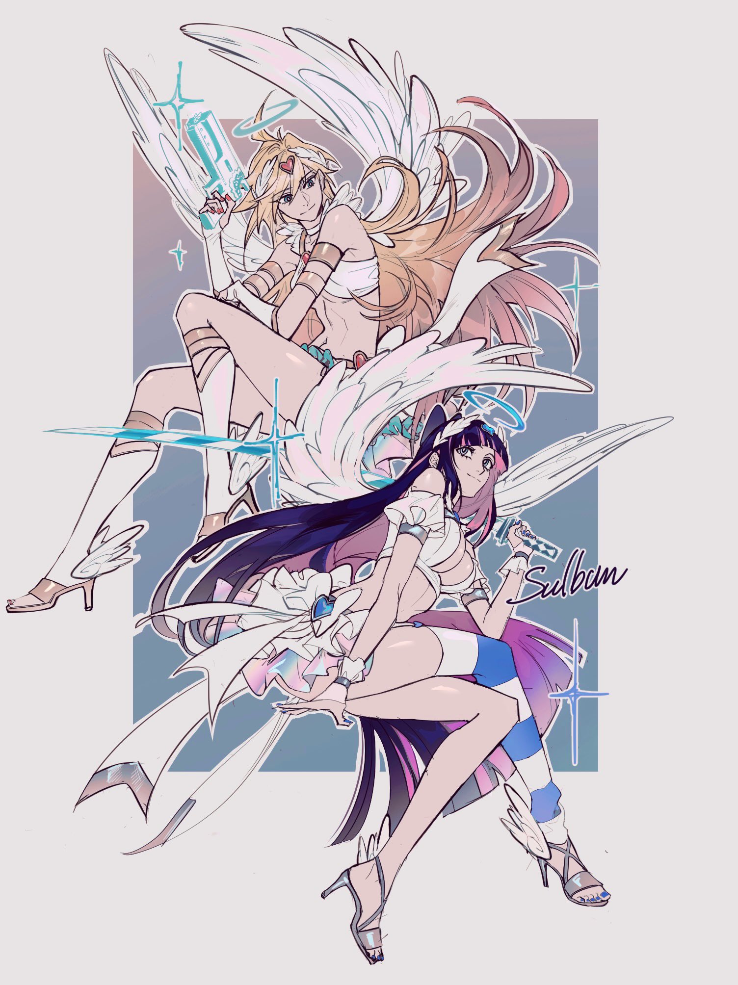 sulbum 03, panty (psg), stocking (psg), panty & stocking with garterbelt, highres, 2girls, angel, angel wings, blonde hair, blue eyes, breasts, colored inner hair, gun, halo, high heels, holding, holding gun, holding sword, holding weapon, katana, large breasts, long hair, looking at another, looking at viewer, medium breasts, multicolored hair, multiple girls, sitting, sword, weapon, wings
