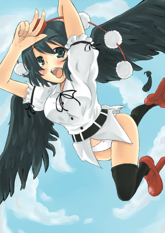 unk, shameimaru aya, touhou, bad id, bad pixiv id, 1girl, black hair, black wings, blush, cloud, day, female focus, flying, geta, hat, looking at viewer, no pants, open mouth, panties, ribbon, salute, short hair, sky, smile, solo, tengu-geta, thighhighs, tokin hat, underwear, v, wings