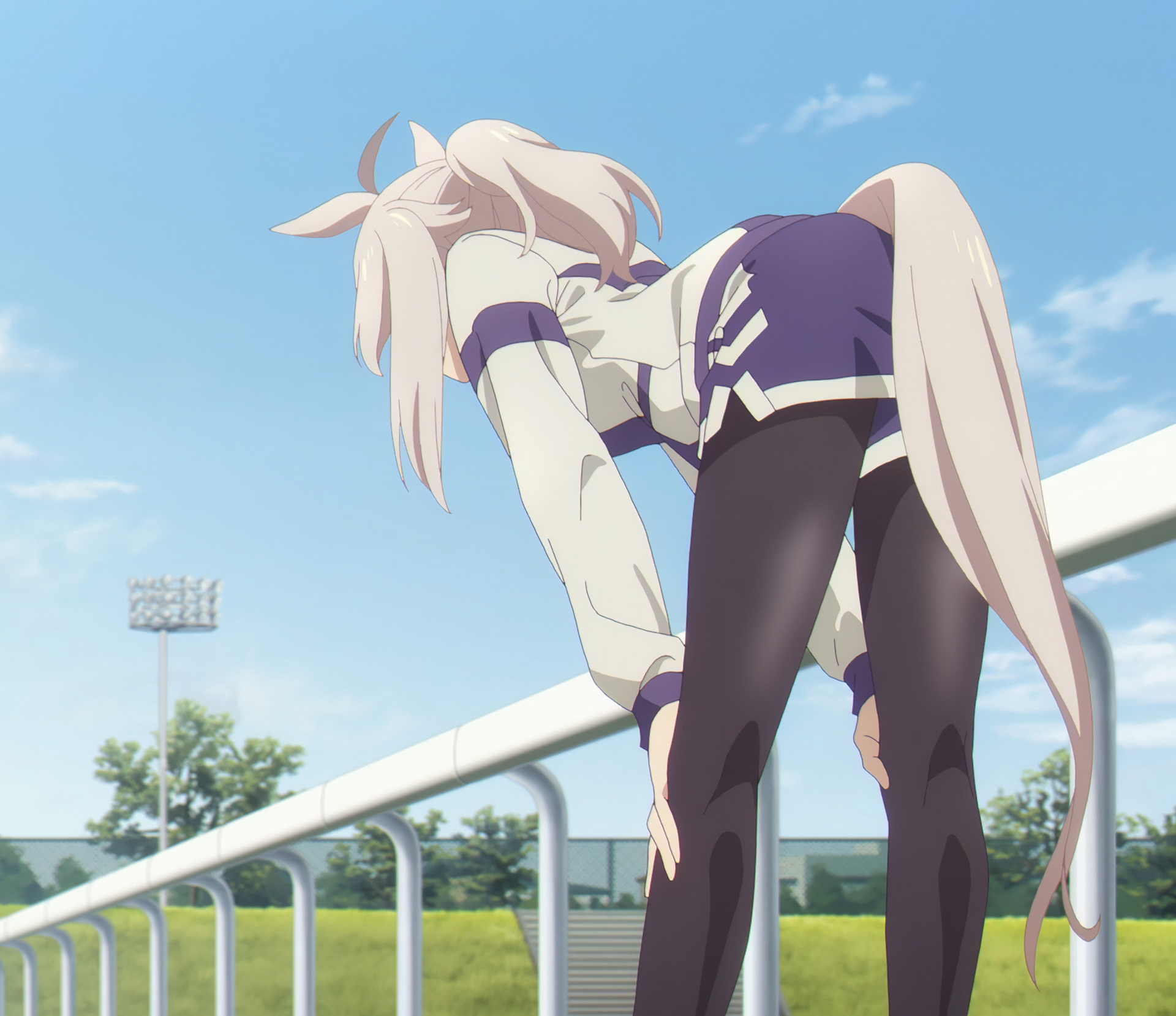 oguri cap (umamusume), umamusume, umamusume: cinderella gray, absurdres, anime screenshot, highres, 1girl, ahoge, animal ears, ass, black pantyhose, blazer, female focus, from side, grey hair, grey tail, horse ears, horse girl, horse tail, jacket, long hair, long sleeves, outdoors, pants, pantyhose, ponytail, purple shorts, shorts, solo, solo focus, stretching, tail, track jacket, track pants, white jacket