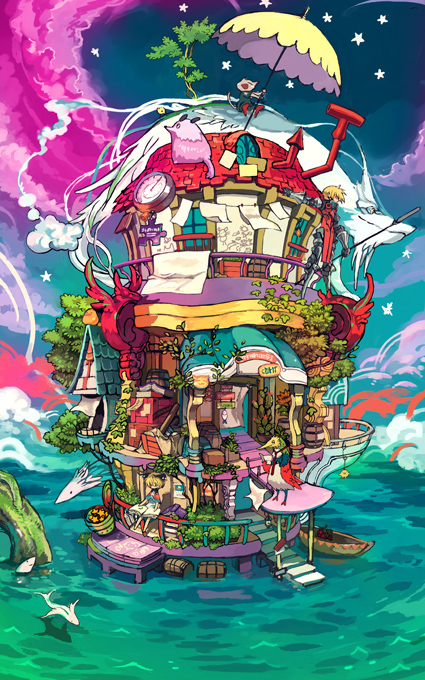 binta, bad id, bad pixiv id, 1boy, 1girl, bird, book, building, cloud, fish, flying fish, house, open book, reading, scenery, sign, sky, star (symbol), water