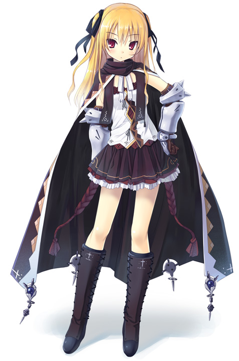 poco (asahi age), original, 1girl, blonde hair, boots, cape, contrapposto, female focus, gauntlets, hair ribbon, hand on own hip, knee boots, long hair, red eyes, ribbon, scarf, skirt, solo, standing