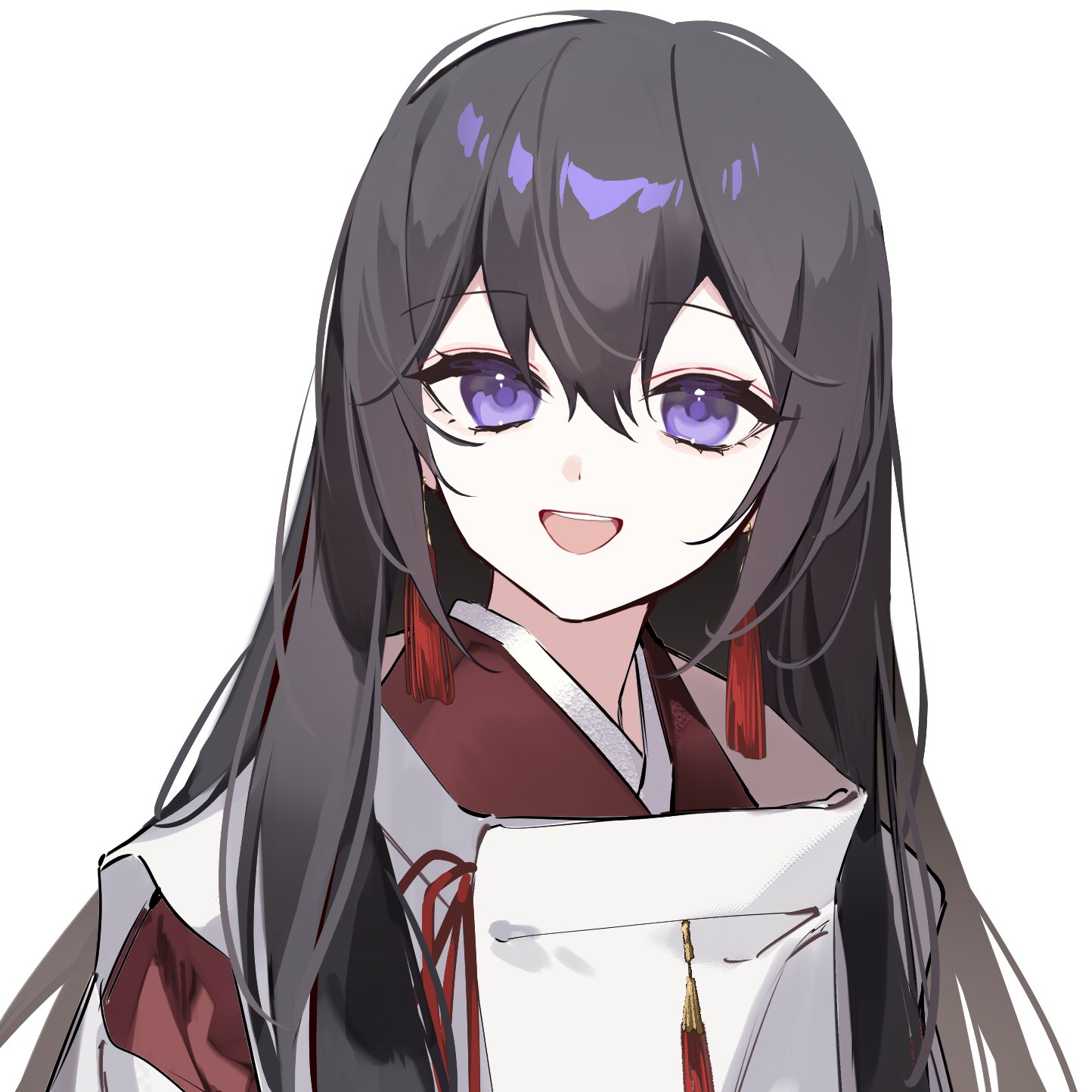 shiozaki shino, original, highres, 1girl, black hair, earrings, hair between eyes, japanese clothes, jewelry, kariginu, kimono, long hair, looking at viewer, open mouth, portrait, purple eyes, red kimono, sandals, simple background, skirt, smile, solo, tassel, tassel earrings, upper body, white background