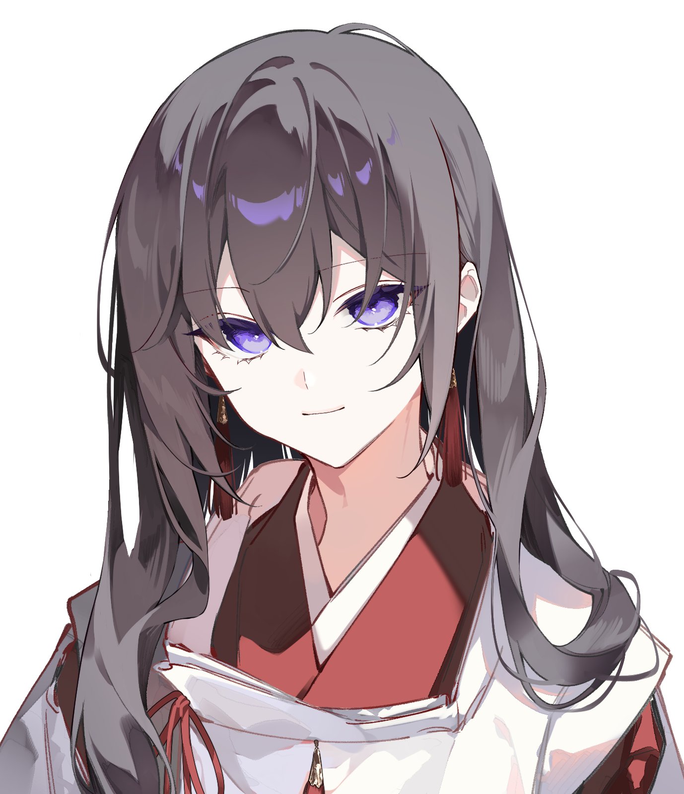 shiozaki shino, original, highres, 1girl, black hair, earrings, japanese clothes, jewelry, kariginu, kimono, long hair, looking at viewer, portrait, purple eyes, red kimono, sandals, simple background, skirt, solo, tassel, tassel earrings, upper body, white background