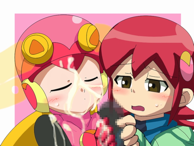 mayl sakurai (mega man), roll.exe (mega man), capcom, mega man (series), mega man battle network, artist request, 00s, 2girls, censored, cum, cum on body, facial, invisible penis, multiple girls, penis