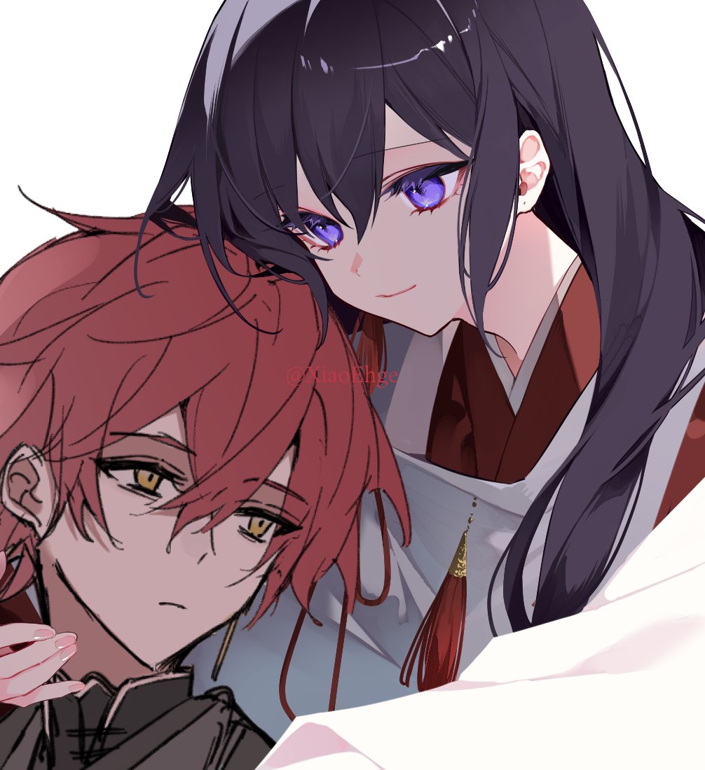 shiozaki shino, original, 1boy, 1girl, black hair, japanese clothes, kariginu, kimono, long hair, looking at another, purple eyes, red hair, red kimono, sandals, short hair, sidelighting, simple background, skirt, solo, upper body, white background, yellow eyes
