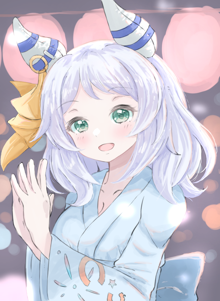 norippe (user zgsf8872), hishi miracle (umamusume), umamusume, commentary request, 1girl, :d, animal ears, blue kimono, breasts, cleavage, collarbone, green eyes, grey hair, hands up, horse ears, japanese clothes, kimono, long sleeves, looking at viewer, medium breasts, open mouth, smile, solo, steepled fingers, tracen ondo outfit (umamusume), upper body, wide sleeves