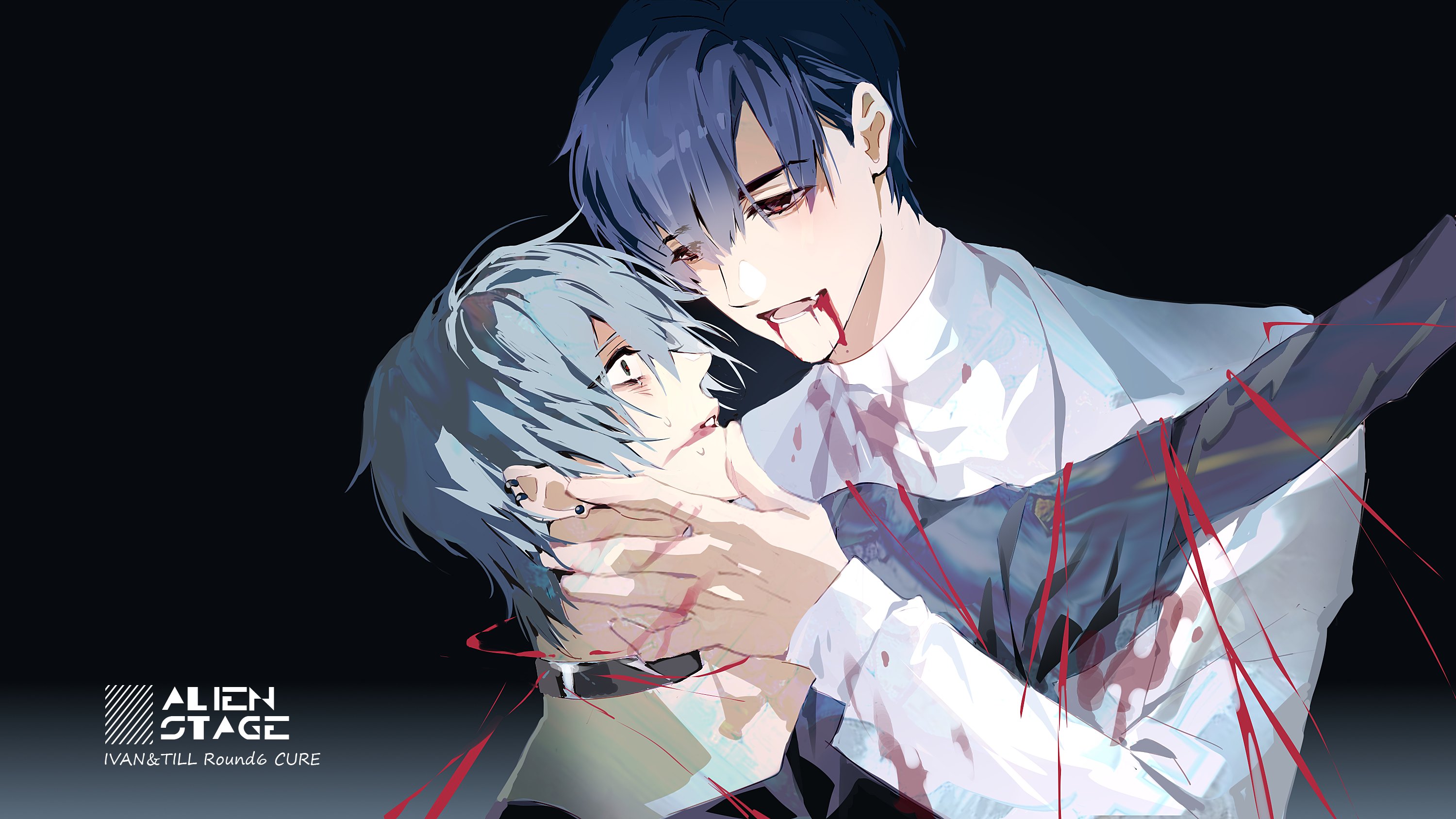 seol77, ivan (alien stage), alien stage, chinese commentary, commentary request, highres, 2boys, black eyes, black hair, black shirt, blood, blood from mouth, blood on clothes, character name, choker, coat, copyright name, ear piercing, earrings, english text, green eyes, grey choker, grey hair, hand on another's face, jewelry, long sleeves, male focus, multiple boys, piercing, red pupils, shirt, short hair, song name, turtleneck, turtleneck shirt, very short hair, white coat, white shirt
