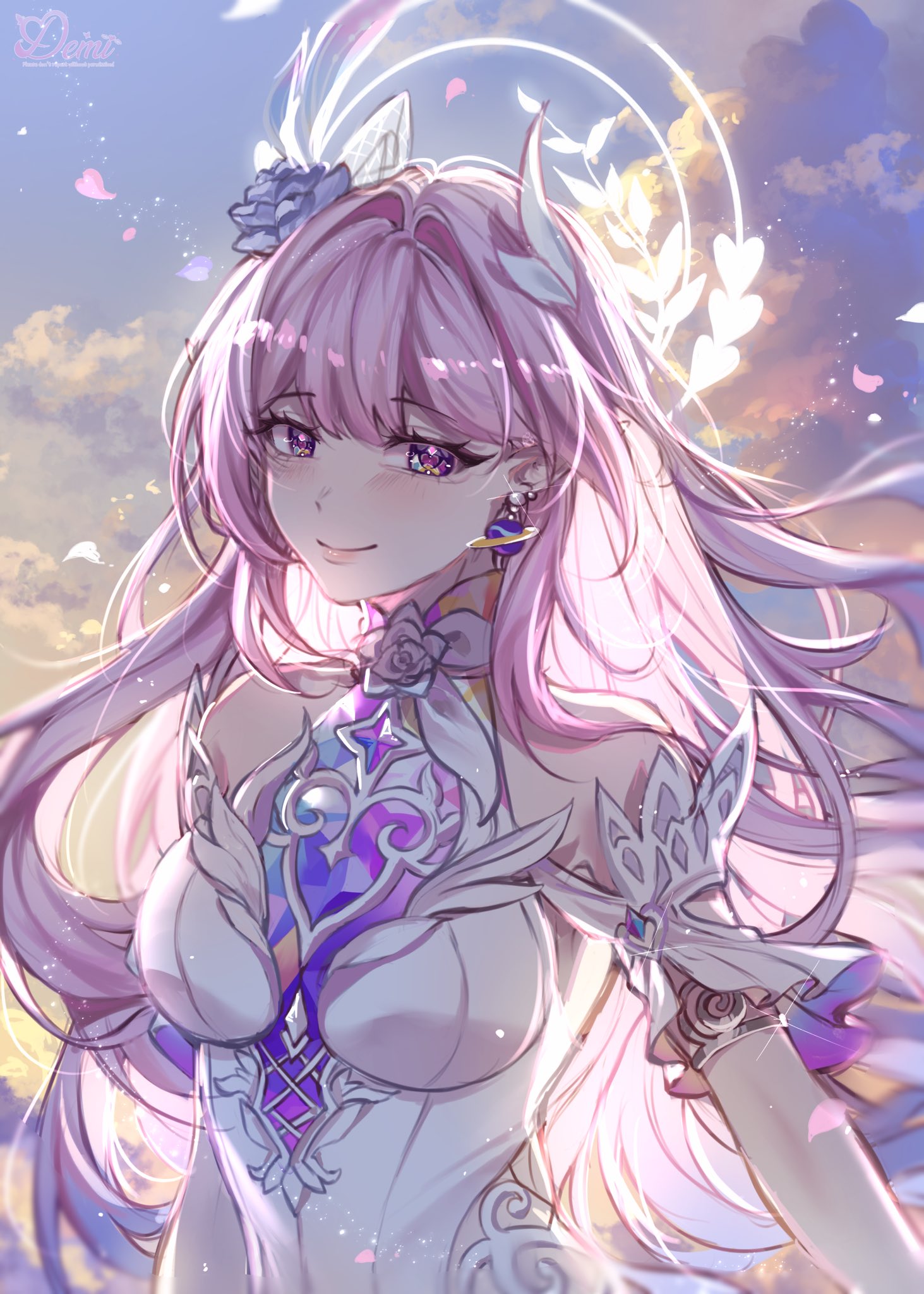demiiipinkfox, cyrene (honkai: star rail), cyrene (ripples of past reverie) (honkai: star rail), honkai: star rail, honkai (series), commentary, highres, symbol-only commentary, 1girl, artist name, bare shoulders, breasts, detached sleeves, dress, earrings, flower, hair flower, hair ornament, halo, jewelry, large breasts, long hair, looking at viewer, outdoors, pink hair, pointy ears, purple eyes, sky, smile, solo, very long hair, white dress