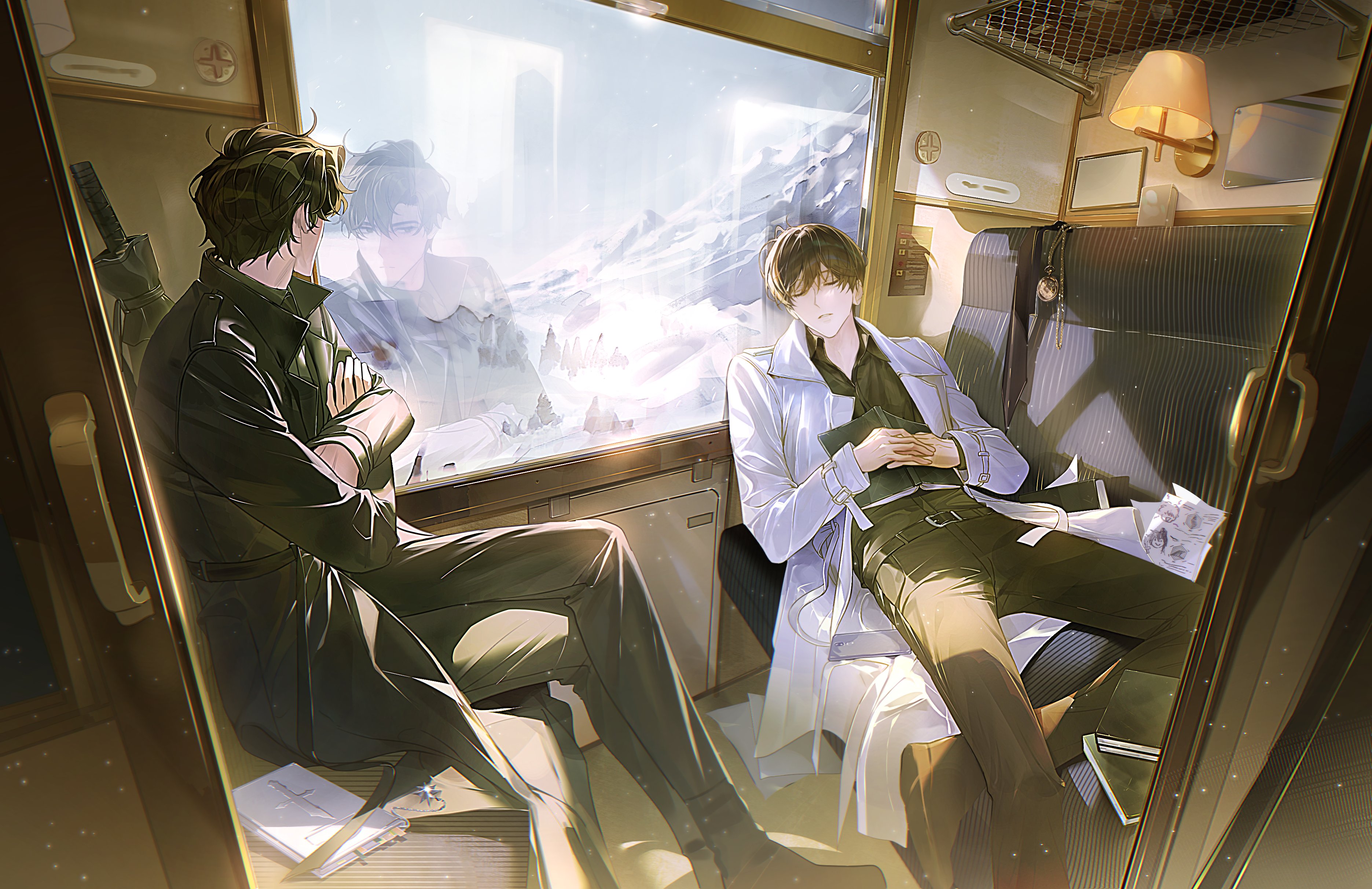 bab du 666, kim dokja, yoo joonghyuk, omniscient reader's viewpoint, absurdres, highres, 2boys, black coat, black shirt, book, closed eyes, coat, collared shirt, crossed arms, crossed legs, doorway, feet out of frame, hand on own stomach, indoors, leaning back, light particles, looking at reflection, male focus, mountainous horizon, multiple boys, notebook, open clothes, open coat, paper, popped collar, pov doorway, reflective surface, scabbard, sheath, shirt, sleeping, snow, train interior, wall lamp, white coat, window, window light