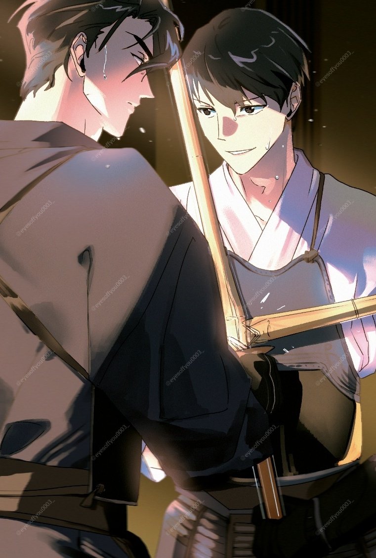 kim dokja, yoo joonghyuk, omniscient reader's viewpoint, 2boys, apron, black apron, black eyes, black gloves, black hair, black jacket, clenched teeth, cowboy shot, eyesoffyou0003, gloves, holding, holding sword, holding weapon, jacket, light particles, looking at another, male focus, multiple boys, serious, shirt, short hair, sword, teeth, weapon, white shirt