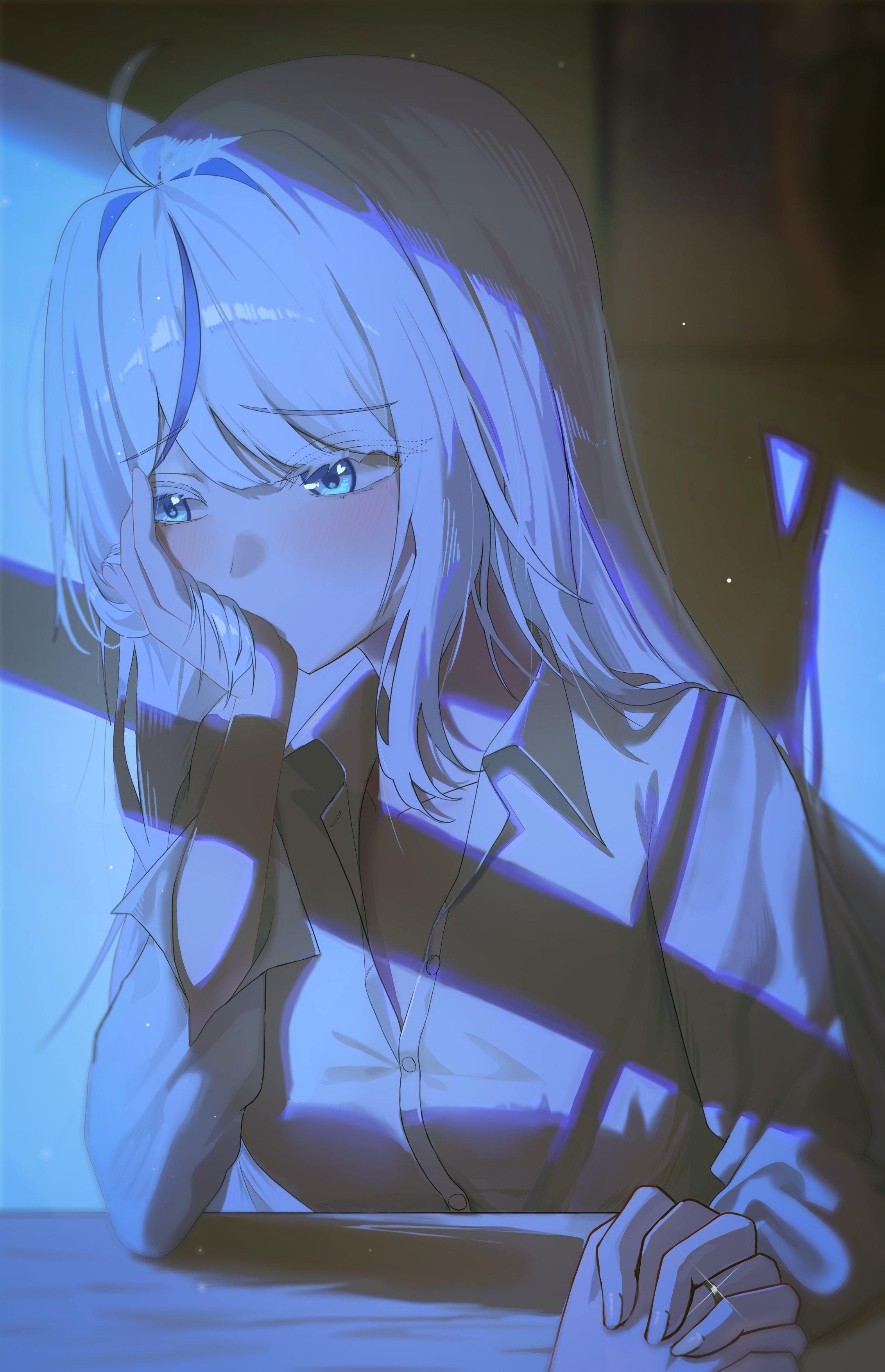 aokumo rin, stellive, absurdres, hashtag-only commentary, highres, 1girl, 1other, ahoge, blue eyes, collared shirt, colored eyelashes, covering own mouth, dress shirt, embarrassed, hand up, holding hands, long hair, long sleeves, looking to the side, multicolored hair, pov, pov hands, shirt, solo focus, streaked hair, virtual youtuber, white eyelashes, white hair, white shirt, yurakhan