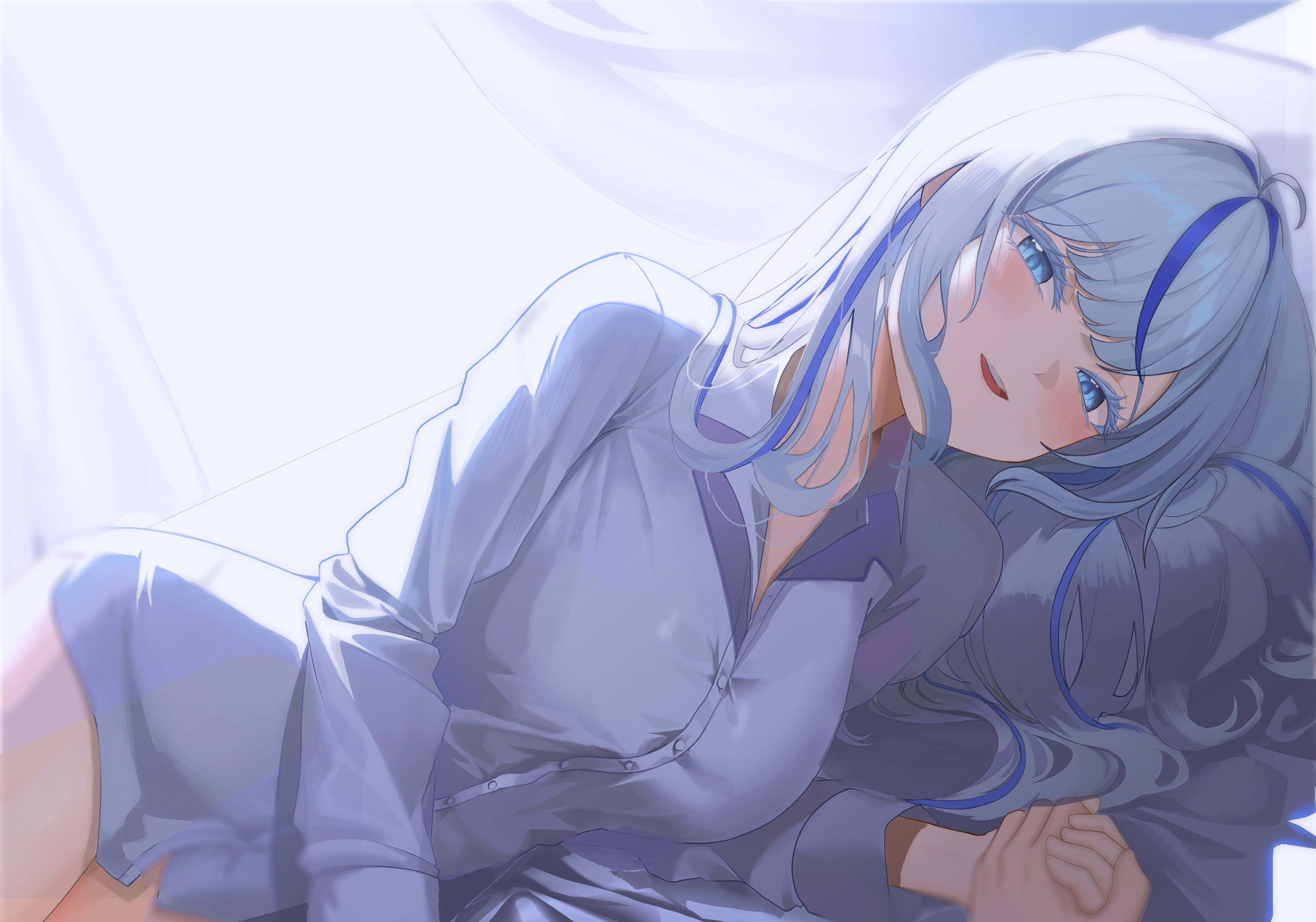 aokumo rin, stellive, absurdres, commentary, highres, korean commentary, 1girl, 1other, ahoge, backlighting, blue eyes, breasts, buttons, collared shirt, colored eyelashes, dress shirt, holding hands, large breasts, long hair, long sleeves, looking at viewer, lying, multicolored hair, on bed, on side, open mouth, pov, pov hands, shirt, smile, solo focus, streaked hair, virtual youtuber, white eyelashes, white hair, white shirt, yurakhan