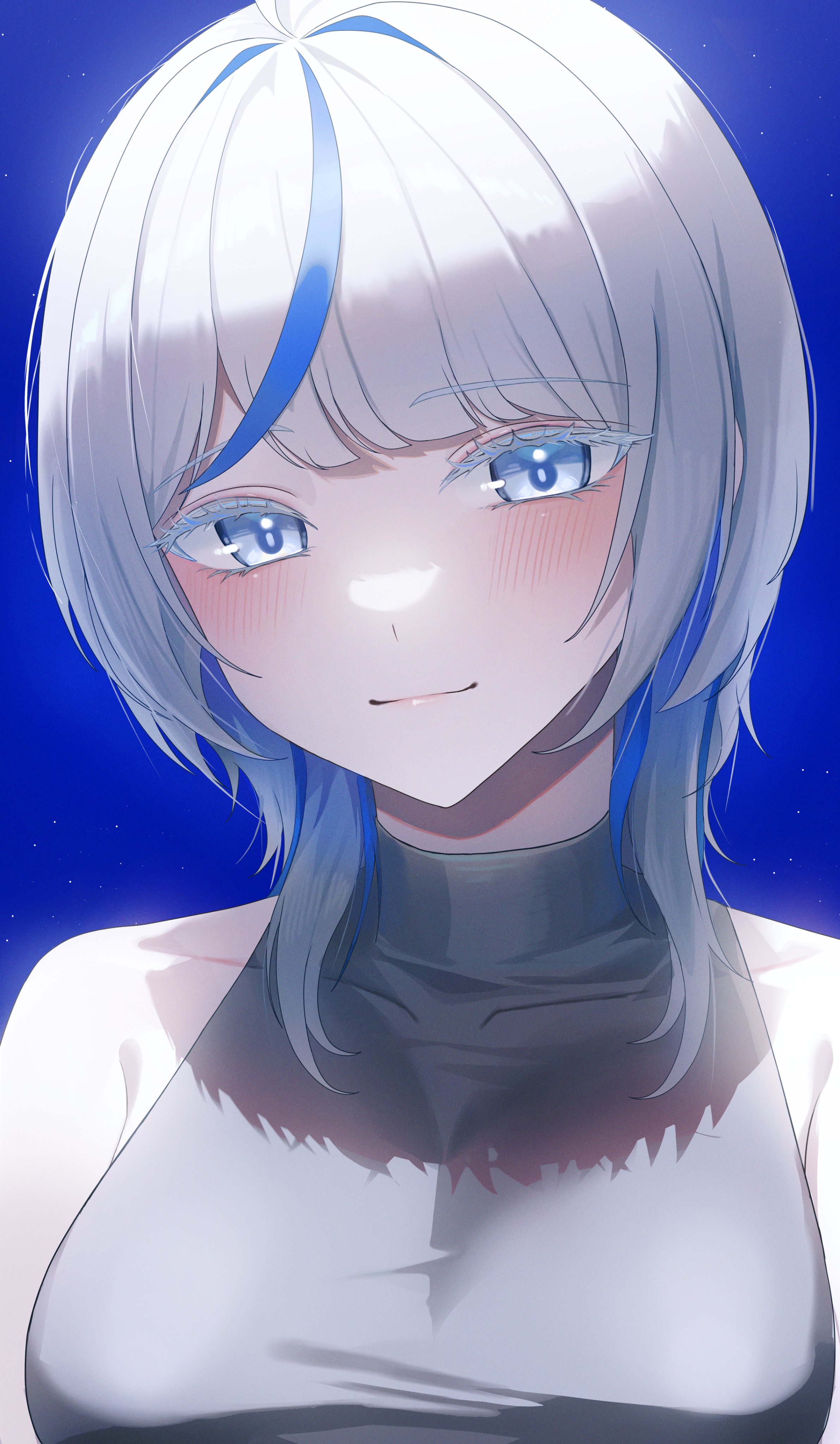 aokumo rin, stellive, absurdres, highres, 1girl, alternate hair length, alternate hairstyle, bare shoulders, blue background, blue eyes, closed mouth, colored eyelashes, grey shirt, looking at viewer, medium hair, multicolored hair, see-through cleavage, see-through clothes, shirt, simple background, sleeveless, sleeveless shirt, smile, solo, streaked hair, taut clothes, taut shirt, upper body, virtual youtuber, white eyelashes, white hair, yurakhan