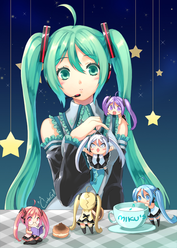 cuteg, hatsune miku, vocaloid, bad id, bad pixiv id, 5girls, ahoge, blue eyes, blue hair, chibi, cup, detached sleeves, frills, hicibi, long hair, milk, multiple girls, multiple persona, twintails