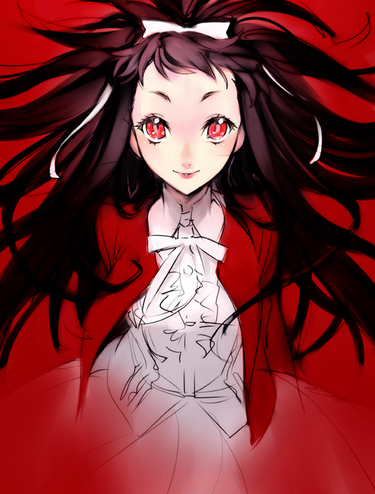 nishieda, higanbana (higanbana no saku yoru ni), higanbana no saku yoru ni, bad id, bad pixiv id, brown hair, hair ribbon, long hair, red eyes, ribbon, smile