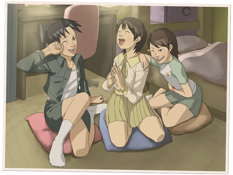 nako (pixiv161080), amasawa yuuko, hashimoto fumie, okonogi yuuko, dennou coil, bad id, bad pixiv id, 00s, 3girls, jacket, kneeling, laughing, multiple girls, pencil skirt, pillow, raglan sleeves, skirt