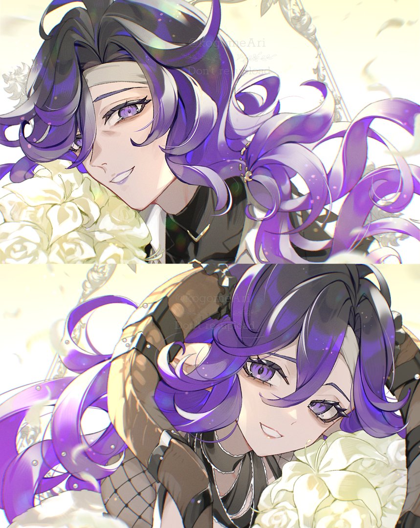kogome (azalea4), orologia (female), orologia (male), granblue fantasy, 1boy, 1girl, bags under eyes, bandaged head, bandages, black hair, flower, holding, holding flower, horns, lipstick, long hair, looking at viewer, makeup, multicolored hair, purple eyes, purple hair, purple lips, rose, shirt, smile, white flower, white rose