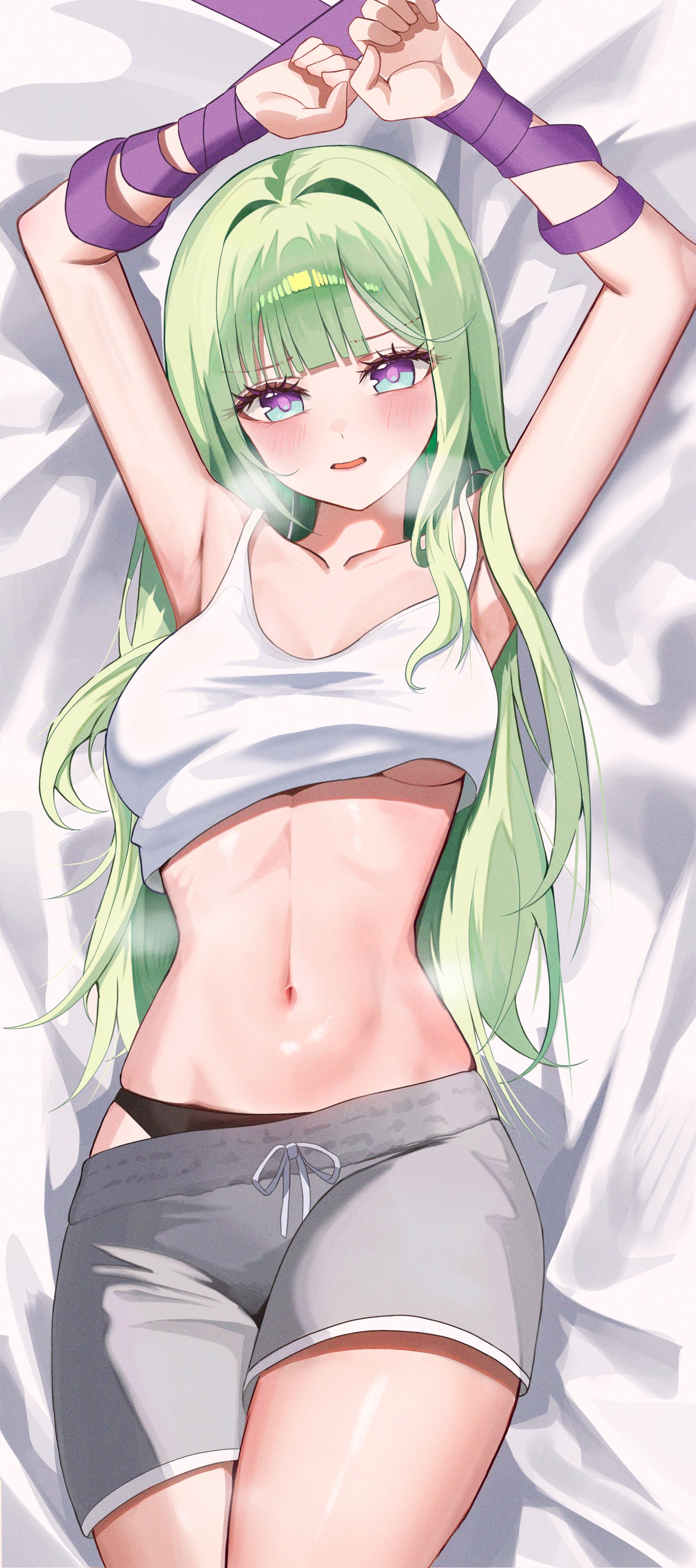yuzuha riko, stellive, absurdres, commentary, highres, korean commentary, 1girl, armpits, arms up, bare shoulders, bed sheet, black panties, blue eyes, bound, bound wrists, breasts, camisole, crop top, drawstring, green hair, grey shorts, heavy breathing, large breasts, long hair, looking at viewer, lying, midriff, multicolored eyes, navel, on back, open mouth, panties, purple eyes, shirt, short shorts, shorts, sleeveless, sleeveless shirt, solo, stomach, two-tone eyes, underboob, underwear, virtual youtuber, white shirt, yurakhan
