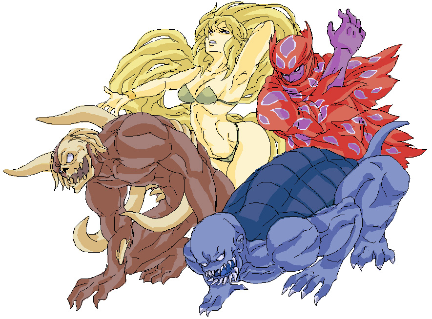 teruki, barbariccia, cagnazzo, rubicante, scarmiglione, final fantasy, final fantasy iv, looking away, 1990s (style), 1boy, 1girl, abs, arm behind head, armpits, bikini, claws, colored skin, full body, monster, oekaki, outstretched arm, purple skin, retro artstyle, simple background, swimsuit