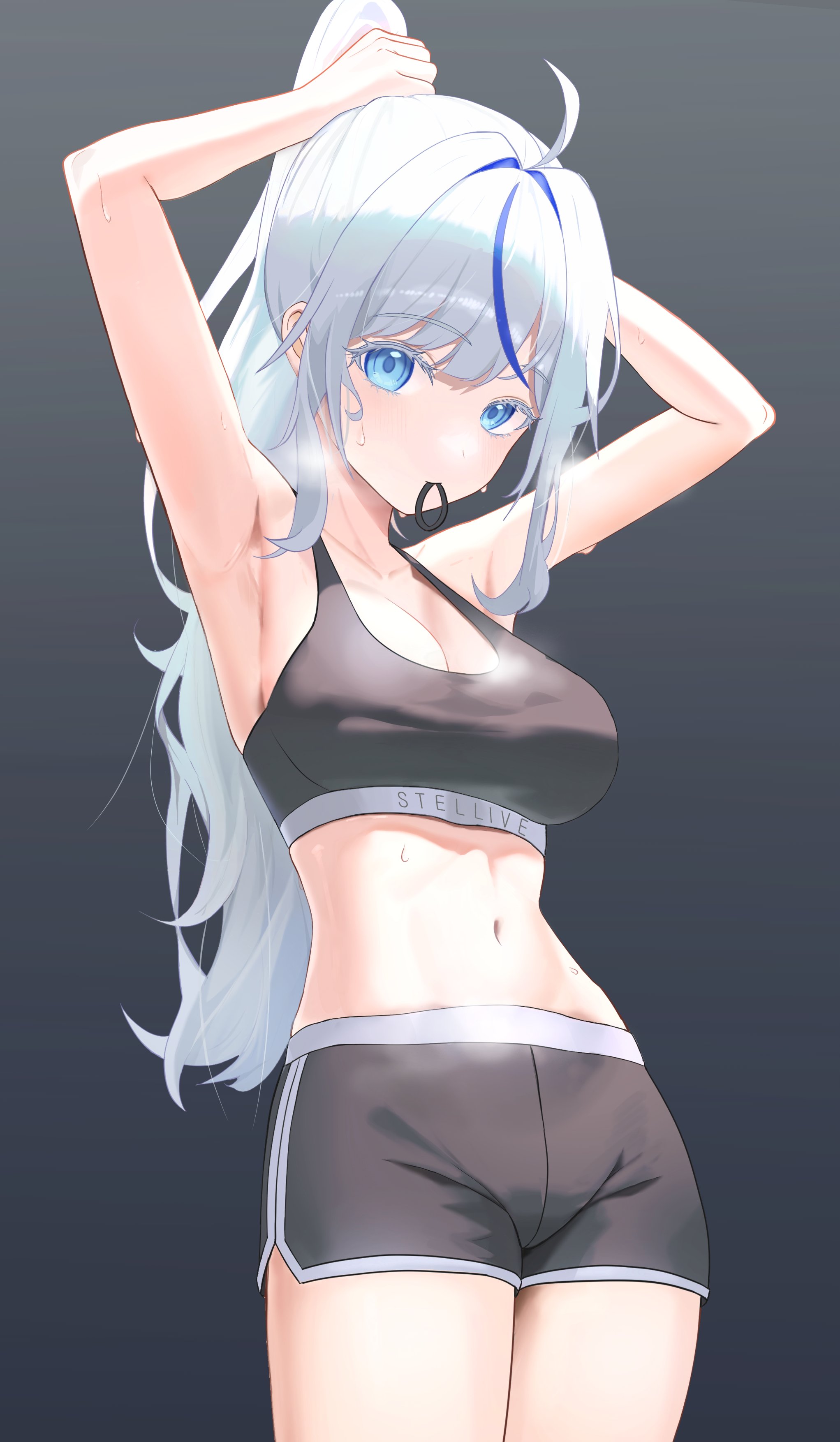 aokumo rin, stellive, absurdres, hashtag-only commentary, highres, 1girl, ahoge, armpits, arms behind head, arms up, bare arms, bare shoulders, black shirt, black shorts, blue eyes, breasts, cleavage, colored eyelashes, cowboy shot, crop top, gradient background, grey background, hair tie in mouth, heavy breathing, high ponytail, large breasts, long hair, looking at viewer, midriff, mouth hold, multicolored hair, navel, ponytail, shirt, short shorts, shorts, sleeveless, sleeveless shirt, solo, sports bra, stomach, streaked hair, sweat, tying hair, virtual youtuber, white eyelashes, yurakhan