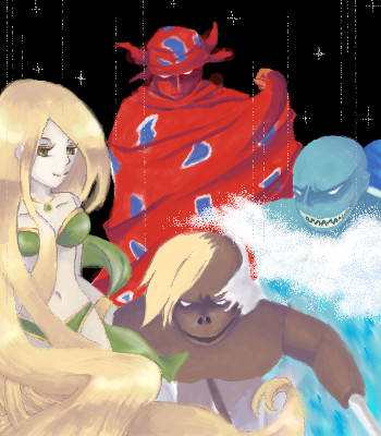 barbariccia, cagnazzo, rubicante, scarmiglione, final fantasy, final fantasy iv, lowres, 1990s (style), 1girl, bald, blonde hair, cloak, collarbone, dark skin, gem, jewelry, long hair, looking at viewer, midriff, monster, navel, necklace, oekaki, pendant, sharp teeth, stomach, teeth, very long hair, wavy hair
