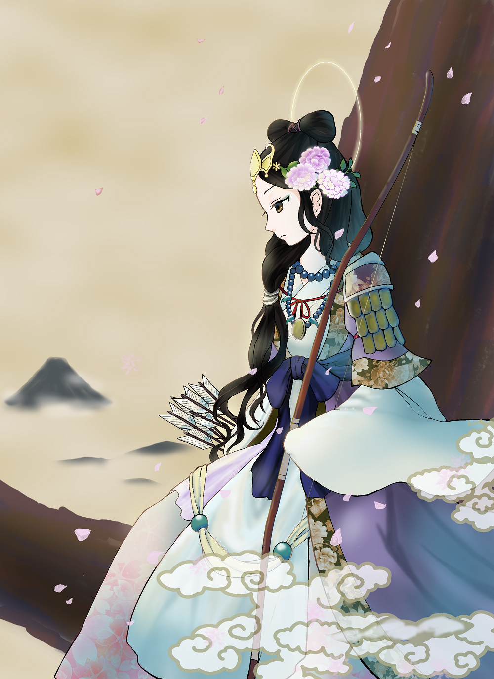 belusyuta, original, highres, 1girl, above clouds, arrow (projectile), bow (weapon), cliff, cloud, detached sleeves, dress, floral print, flower, hair flower, hair ornament, halo, holding, holding bow (weapon), holding weapon, japanese clothes, kimono, long hair, looking to the side, mountain, pink dress, short sleeves, solo, weapon, wide sleeves, yellow halo