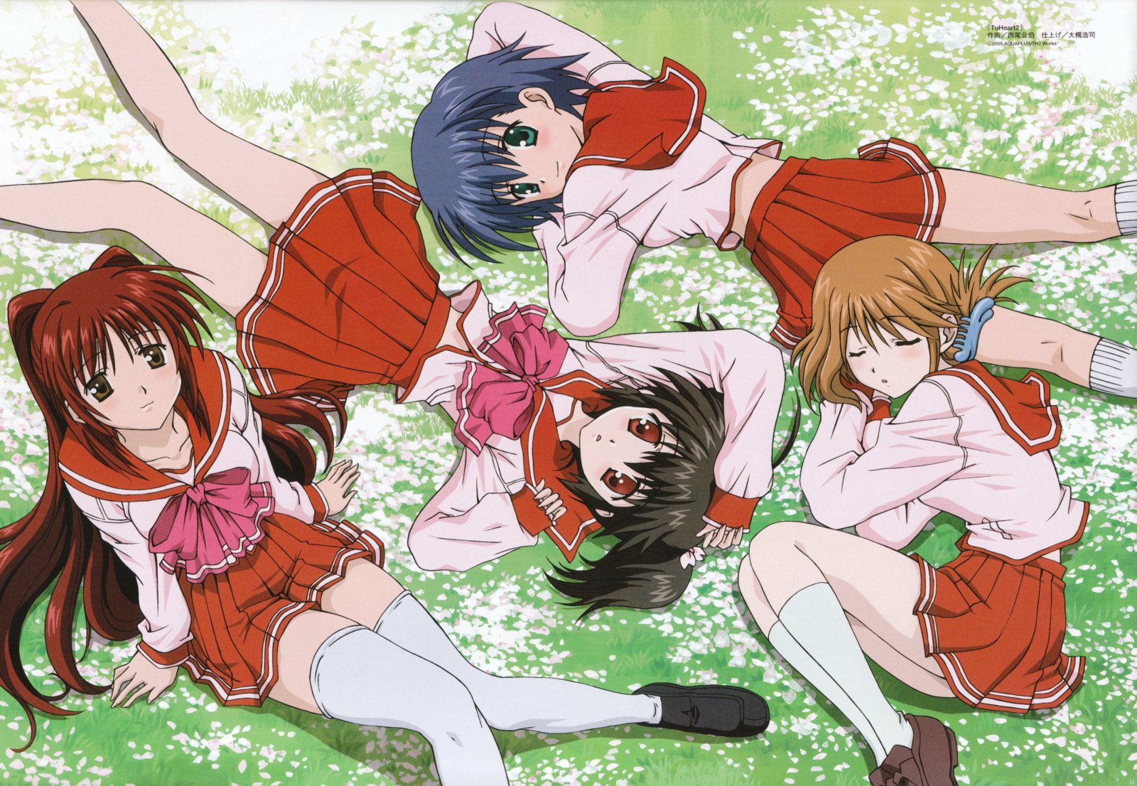 nishio kouhaku, komaki manaka, kousaka tamaki, tonami yuma, yuzuhara konomi, megami magazine, to heart (series), to heart 2, white legwear, highres, official art, scan, 00s, 4girls, ahoge, arm support, arm up, back, black hair, blue hair, blush, bow, breasts, brown eyes, brown hair, closed eyes, closed mouth, flower, folded ponytail, from above, from behind, from side, grass, green eyes, hair ornament, hair ribbon, hairclip, kneehighs, kneepits, knees together feet apart, light smile, loafers, long hair, long sleeves, lying, midriff, miniskirt, multiple girls, on ground, outdoors, parted bangs, parted lips, pleated skirt, red eyes, red hair, ribbon, school uniform, serafuku, shirt, shoes, short hair, short twintails, sitting, skirt, sleeping, sleeves past wrists, small breasts, smile, socks, thighhighs, twintails, very long hair, zettai ryouiki