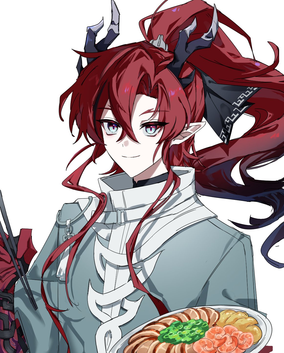 yu (arknights), arknights, commentary request, highres, korean commentary, 1boy, black hair, chopsticks, closed mouth, colored extremities, crossed bangs, gamjatang, green eyes, grey jacket, hair between eyes, hair intakes, holding, holding chopsticks, jacket, long hair, looking at viewer, male focus, multicolored eyes, multicolored hair, plate, pointy ears, ponytail, purple eyes, red hair, simple background, smile, solo, streaked hair, two-tone eyes, upper body, white background