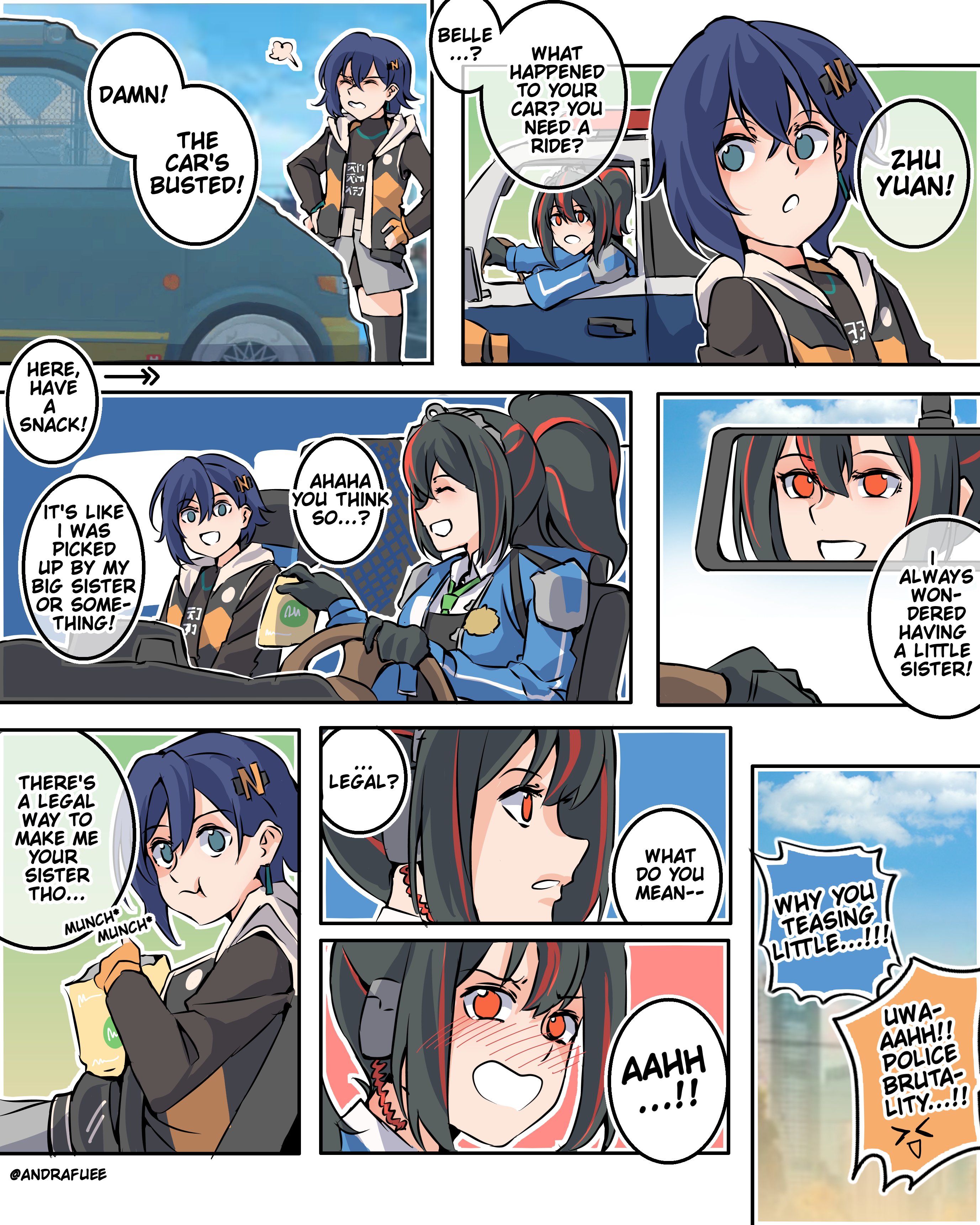 andra, belle (zenless zone zero), zhu yuan, zenless zone zero, absurdres, highres, > <, 2girls, bag of chips, blush, car, car interior, driving, eating, embarrassed, english text, fingerless gloves, gloves, left-to-right manga, motor vehicle, multiple girls, police, police car, police uniform, policewoman, rear-view mirror, speech bubble, steering wheel, surprised, twitter username, van