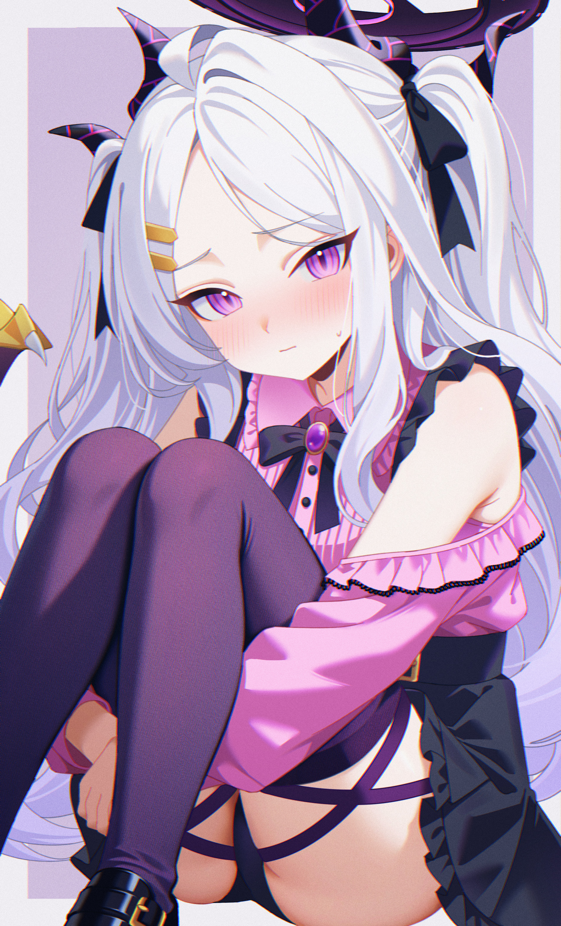 karaage (xxxmido02), hina (blue archive), blue archive, absurdres, commentary request, highres, 1girl, ahoge, black halo, blush, breasts, demon girl, demon horns, demon wings, halo, horns, jirai kei, long hair, looking at viewer, purple eyes, sitting, small breasts, solo, very long hair, white hair, wings