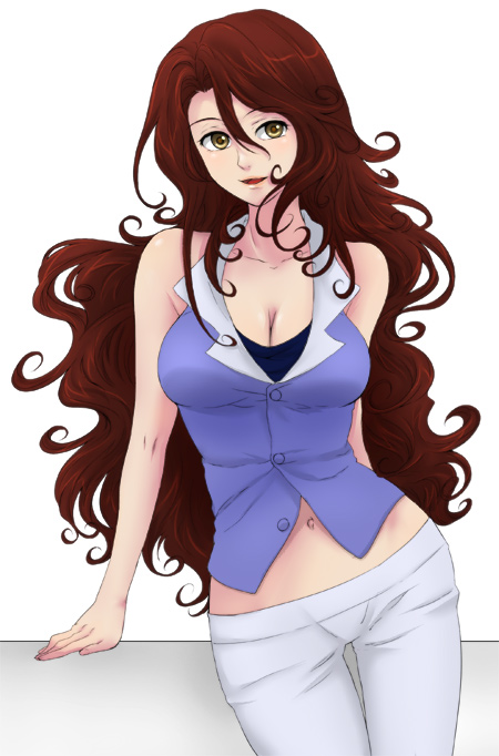 higi (rodriguez), sumeragi lee noriega, gundam, gundam 00, bad id, bad pixiv id, 00s, breasts, brown hair, cleavage, curly hair, large breasts, long hair, midriff, navel, open mouth, smile, solo, yellow eyes