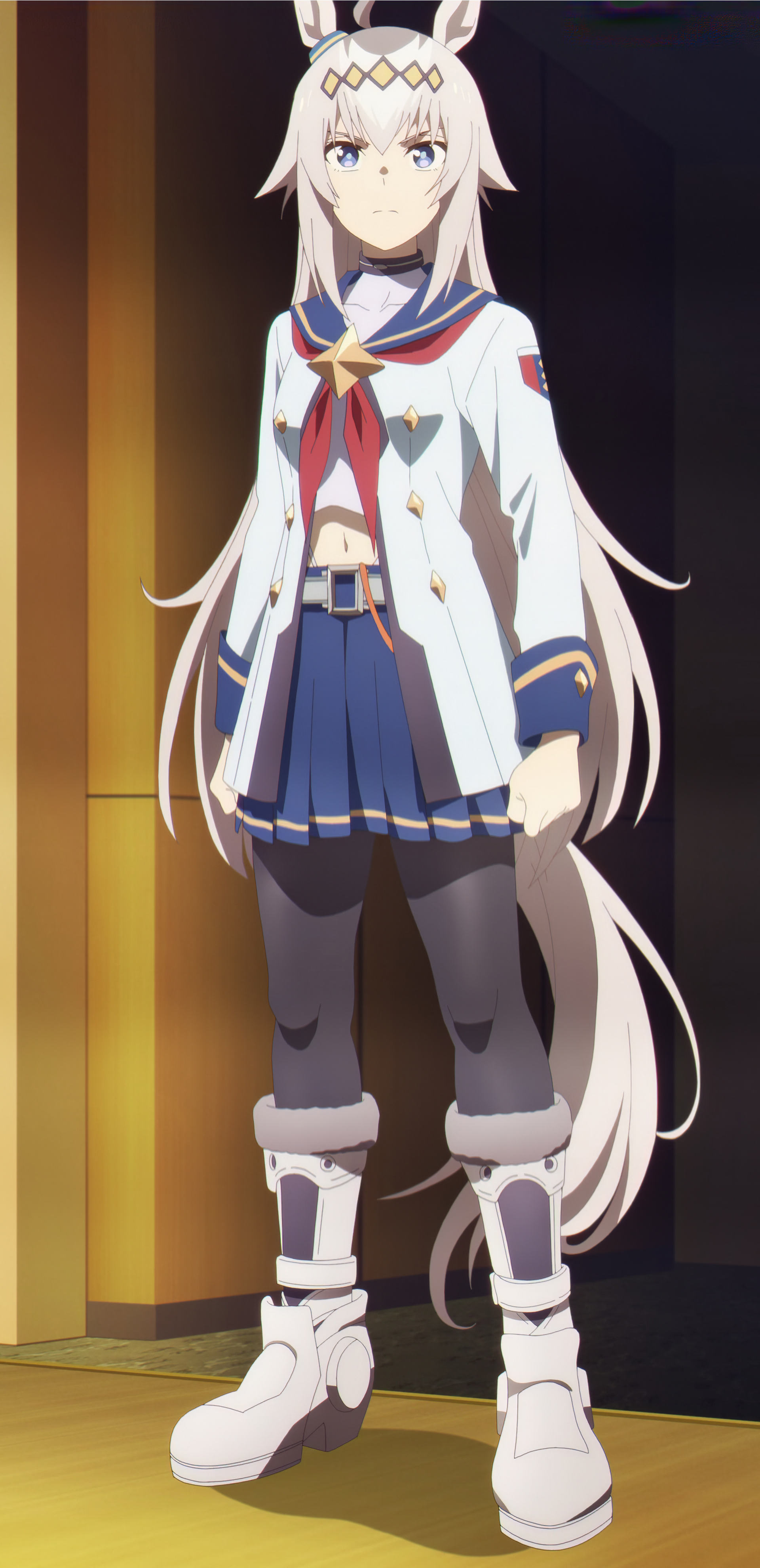 oguri cap (starlight beat) (umamusume), oguri cap (umamusume), umamusume, umamusume: cinderella gray, absurdres, anime screenshot, highres, long image, stitched, third-party edit, 1girl, ahoge, animal ears, belt, belt buckle, black pantyhose, blue eyes, blue sailor collar, blue skirt, boots, breasts, brooch, buckle, choker, clenched hands, closed mouth, collarbone, dot nose, ear ornament, female focus, fisting, gold tiara, grey hair, grey tail, hair ornament, horse ears, horse girl, horse tail, long hair, looking at viewer, midriff, miniskirt, multicolored hair, navel, neckerchief, panty straps, pantyhose, pleated skirt, racing suit, red neckerchief, sailor collar, sailor shirt, serafuku, shirt, skirt, small breasts, solo, solo focus, star brooch, stomach, tail, two-tone hair, white boots, white serafuku