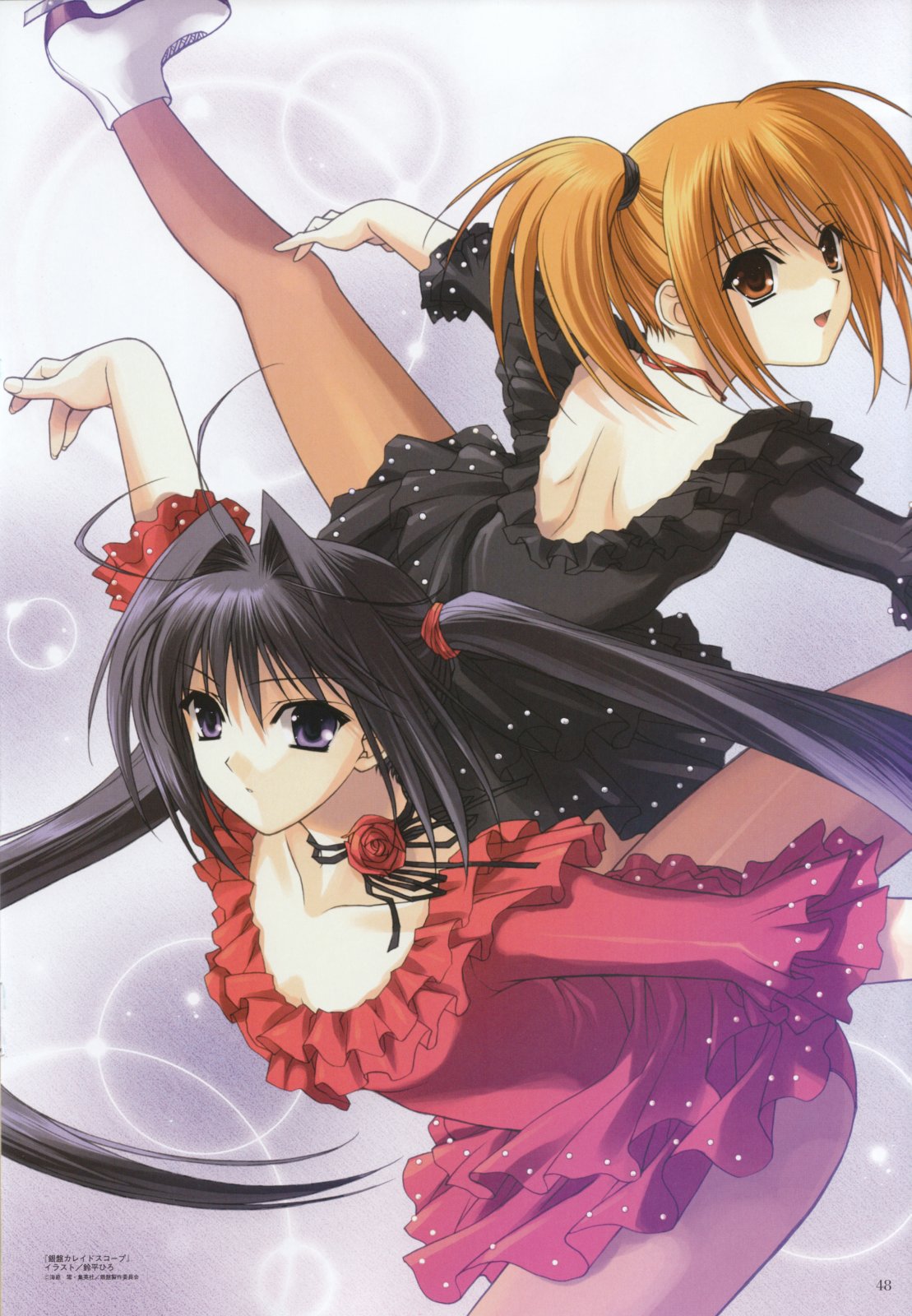 suzuhira hiro, sakurano tazusa, sakurano youko, ginban kaleidoscope, highres, 00s, 2girls, back, black hair, choker, dress, flower, ice skates, looking back, multiple girls, pantyhose, red rose, rose, skates, twintails