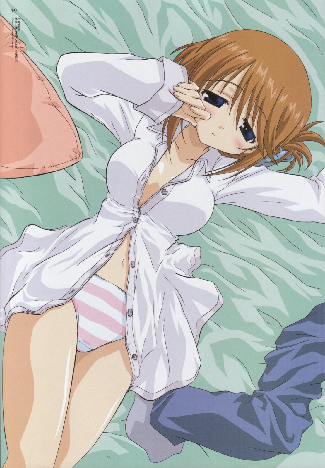 noguchi takayuki, komaki manaka, megami magazine, to heart (series), to heart 2, highres, official art, 00s, 1girl, arm up, bed sheet, blue eyes, blush, breasts, brown hair, buttons, clenched hand, collarbone, collared shirt, cowboy shot, dress shirt, dutch angle, female focus, folded ponytail, from above, hair between eyes, hair ornament, hairclip, half-closed eyes, hand up, indoors, legs together, long sleeves, looking at viewer, lying, medium breasts, navel, no bra, no pants, on back, on bed, open clothes, open shirt, page number, panties, parted bangs, parted lips, pillow, pink panties, shirt, short hair, sidelocks, sleepy, sleeve cuffs, solo, striped clothes, striped panties, unbuttoned, underwear, unworn clothes, white panties, white shirt