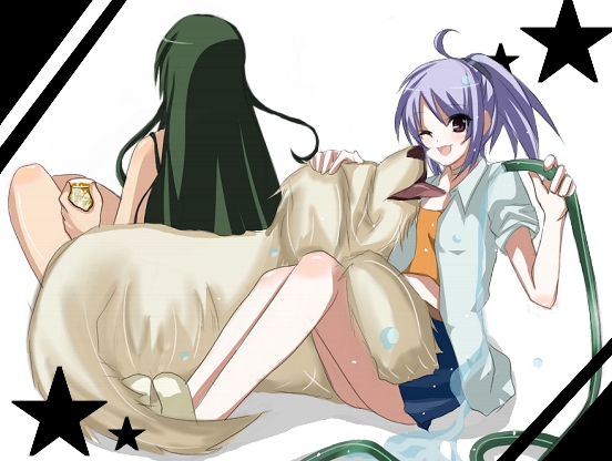 asougi rin, mimi (mnemosyne), mnemosyne, light purple hair, 00s, blue skirt, dog, drink, green hair, happy, hose, legs, long hair, miniskirt, one eye closed, ponytail, purple eyes, purple hair, shirt, sitting, skirt, star (symbol), thighs, water, wink