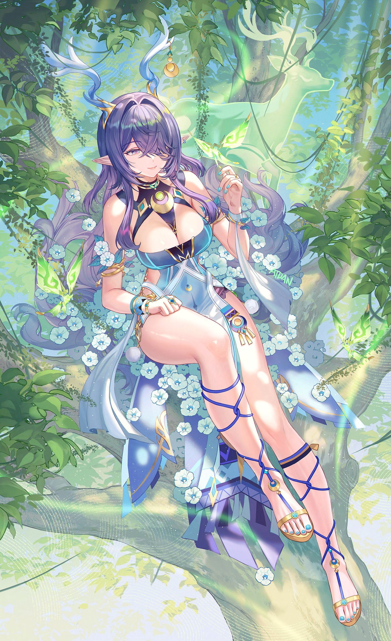 atdan, lauma (genshin impact), genshin impact, highres, 1girl, animal, bracelet, breasts, day, deer, dress, feet, flower, full body, gold, horns, jewelry, lake, large breasts, leaf, lips, long hair, nails, nature, one eye covered, pink eyes, pointy ears, purple hair, sandals, smile, tree, water