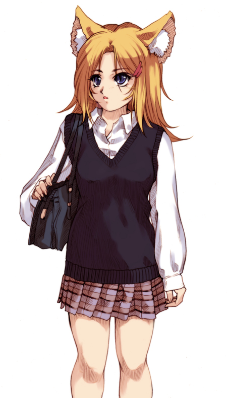 hisahiko, animal ears, bag, blonde hair, blue eyes, fox ears, hair ornament, hairclip, school uniform, serafuku, solo, sweater