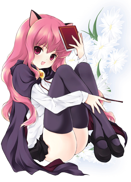 juna, louise francoise le blanc de la valliere, zero no tsukaima, bad id, bad pixiv id, 00s, 1girl, animal ears, black thighhighs, book, cape, female focus, floral background, legs up, long hair, looking at viewer, mary janes, pentacle, pink eyes, pink hair, shoes, smile, solo, thighhighs, wand